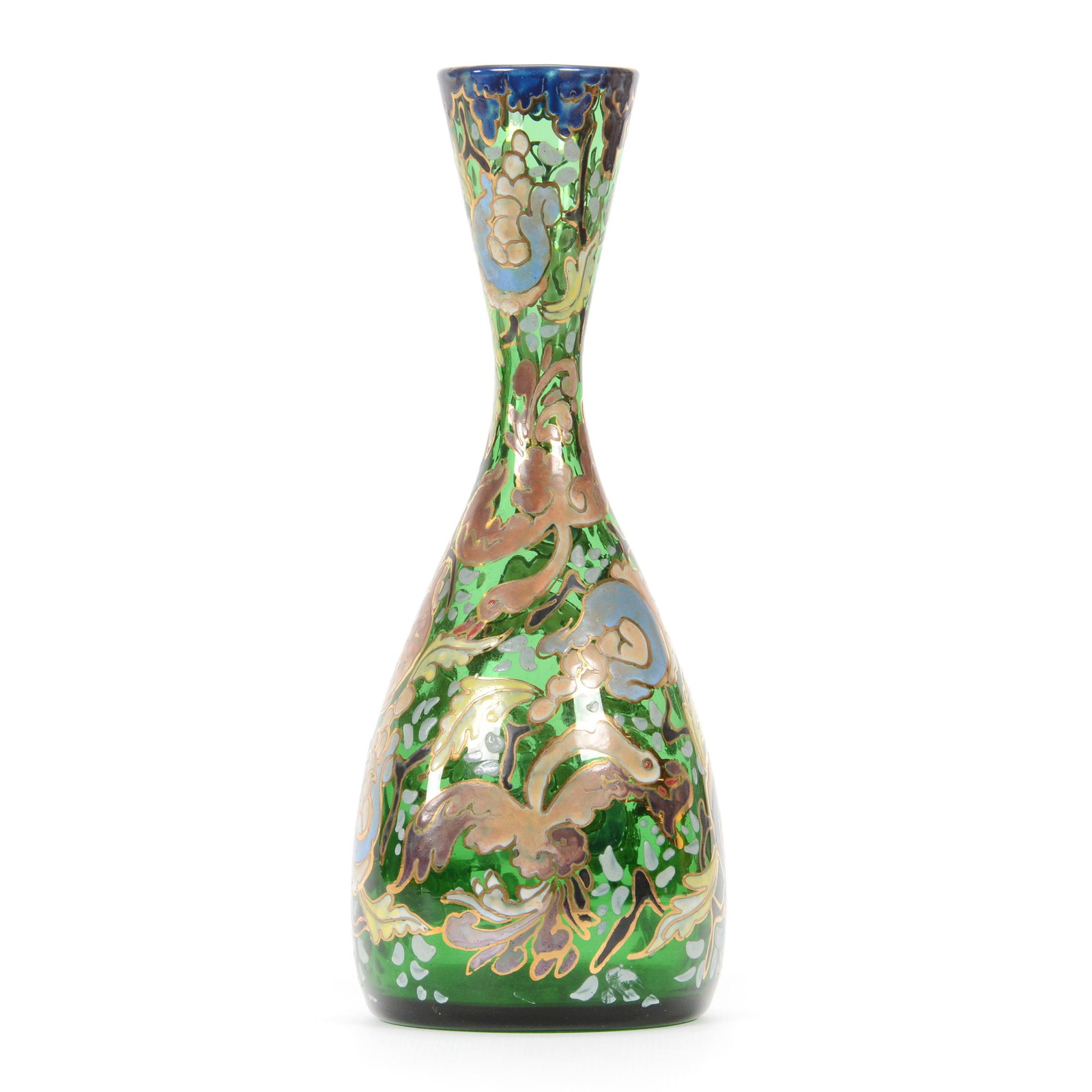 Carafe, Artist Signed Royo Spanish Art Glass: Carafe, Artist Signed Royo Spanish Art Glass, 9” x 3.5", Emerald-Green With Enamel Goose And Floral Design, Original Paper Label, John Lolley Estate. Mr. Lolley Regularly Marked Items In His Collect