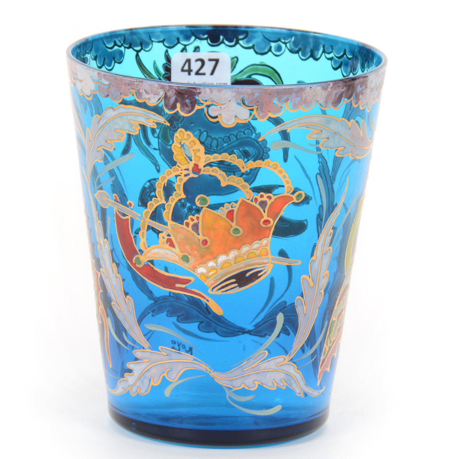 Vase Signed Royo Spanish Art Glass: Vase Signed Royo Spanish Art Glass, 5.25 X 4.5", Sapphire Blue With Heavy Enamel Knight's Helmet And Crown Decor, John Lolley Estate. Mr. Lolley Regularly Marked Items In His Collection With A Museum