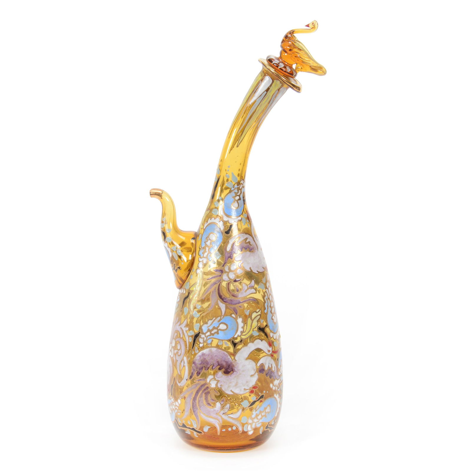 Wine Decanter Signed Royo Spanish Art Glass: Wine Decanter Signed Royo Spanish Art Glass, 13.5” x 5", Solid Amber, Enamel Swan And Floral Decor, Figural Swan Stopper, Light Spout Roughness, John Lolley Estate. Mr. Lolley Regularly Marked Items