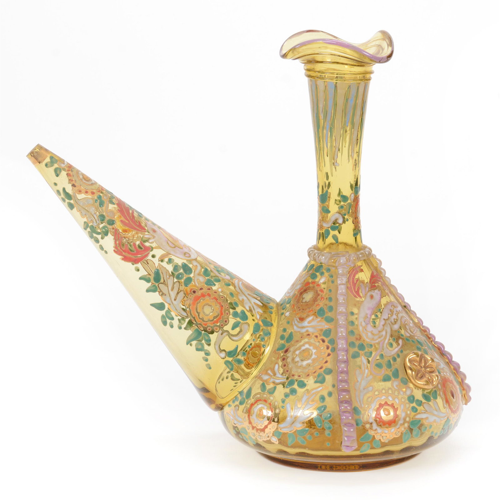 Pouron Wine Pitcher, Spanish Art Glass: Pouron Wine Pitcher, Spanish Art Glass, 9.75Â” x 9.5", Artist Signed Cirera, Solid Amber With Enamel Deer And Floral Decor, John Lolley Estate. Mr. Lolley Regularly Marked Items In His Collection W