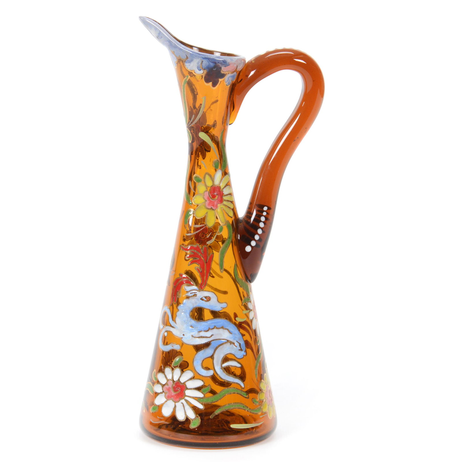 Ewer, Spanish Art Glass Signed Royo: Ewer, Spanish Art Glass Signed Royo, 9.5” x 4.25", Solid Amber, With Deer Decor, John Lolley Estate. Mr. Lolley Regularly Marked Items In His Collection With A Museum Quality Pen - These Markings Ca