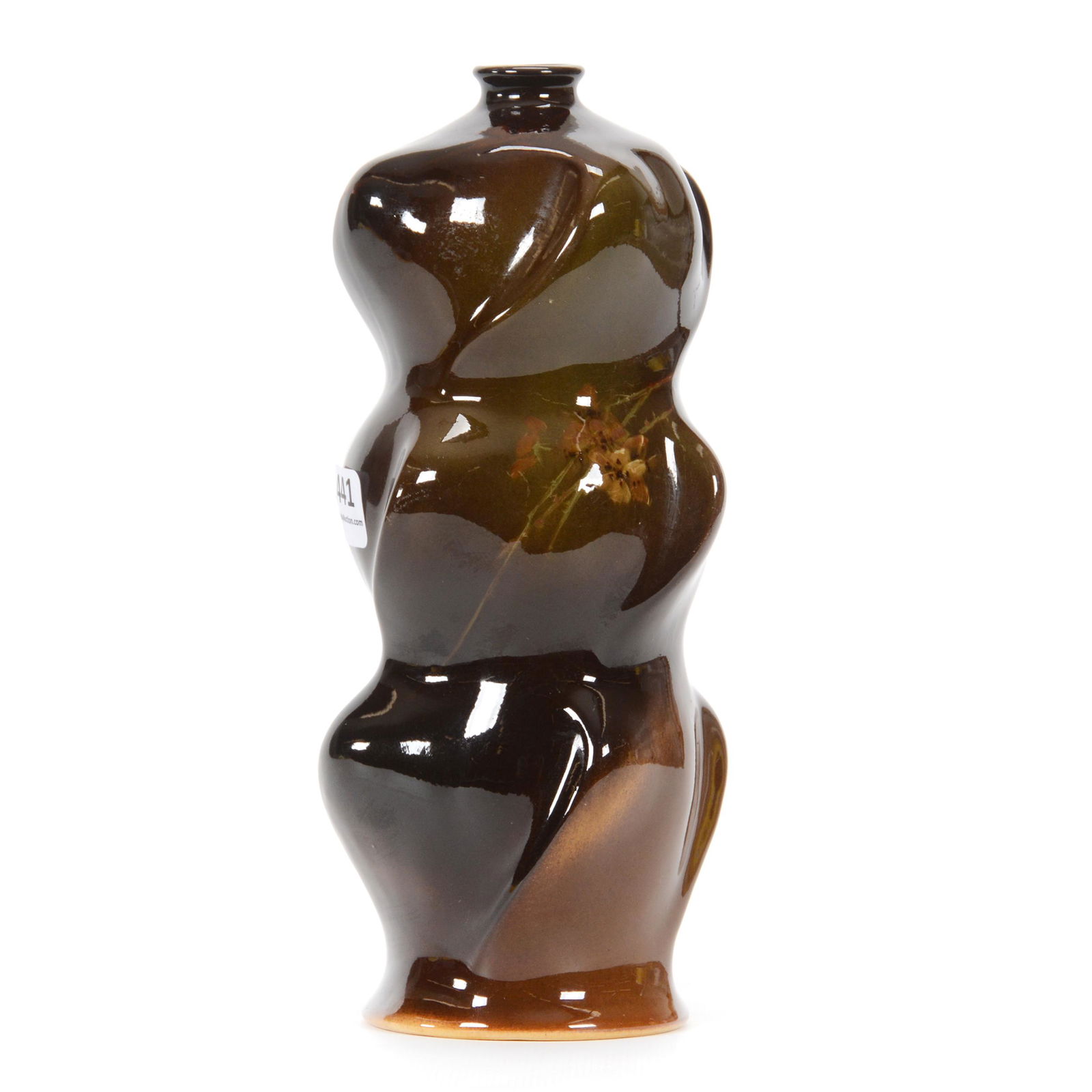 Bottle Marked Weller Louwelsa Art Pottery: Bottle Marked Weller Louwelsa Art Pottery, 8.5” x 3.5", Unique Three Section Twist Design, Brown And Green Tones With Floral Decor, Artist Marked, Light Glaze Loss On Body, John Lolley Estate. Mr. L