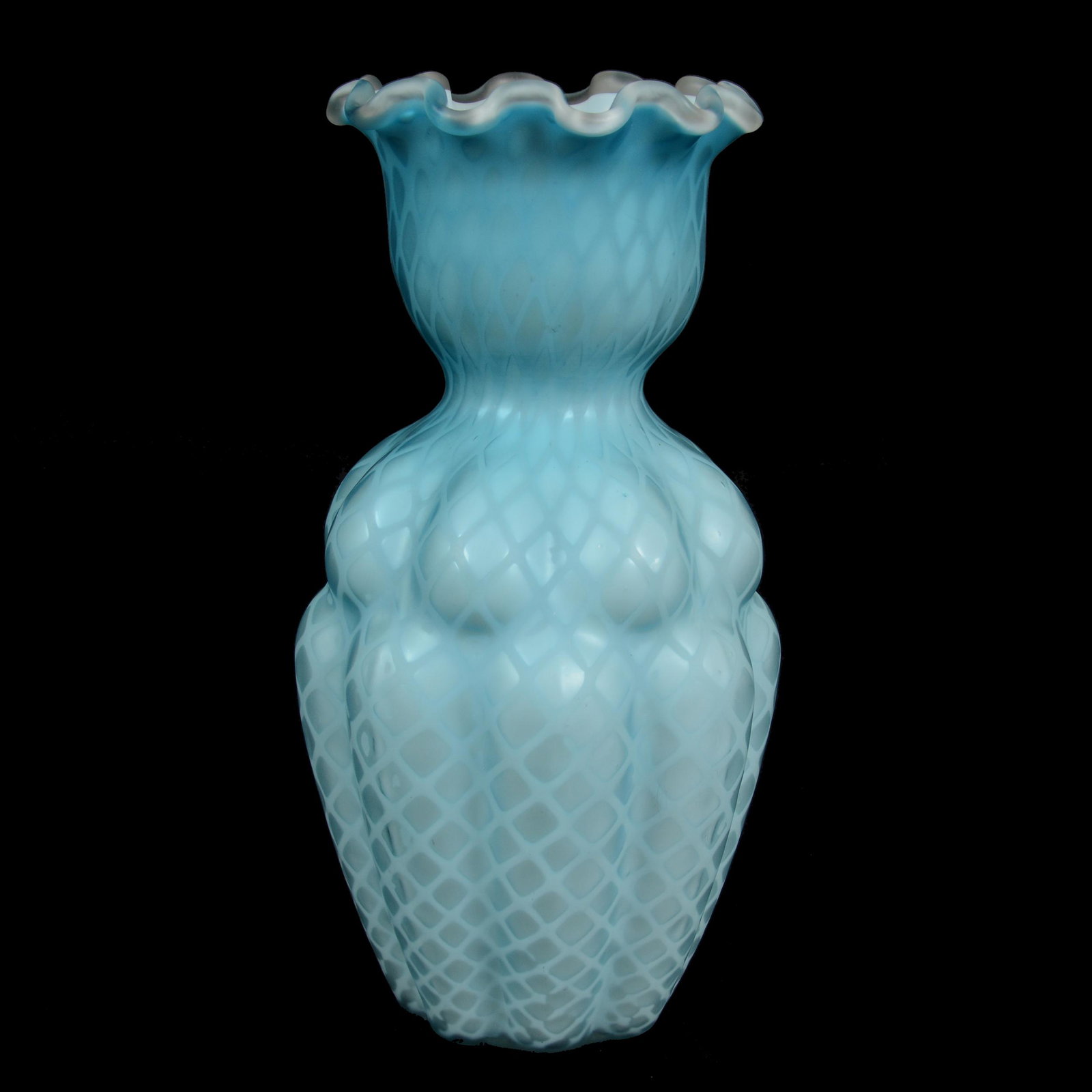 Vase, Blue Satin Diamond Quilted MOP Art Glass: Vase, Blue Satin Diamond Quilted Mother Of Pearl Art Glass, 11” x 5.5", Melon Ribbed, Polished Pontil Base, John Lolley Estate. Mr. Lolley Regularly Marked Items In His Collection With A Museum Qual