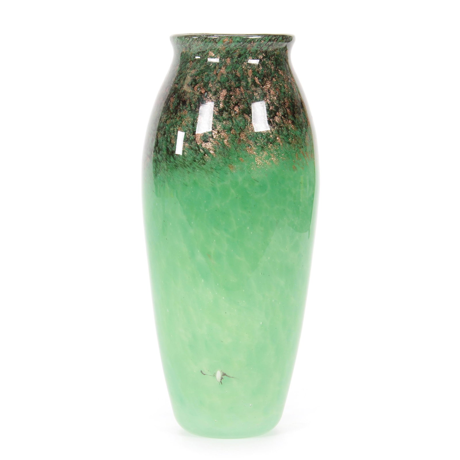 Vase, Unmarked Ysart Style Art Glass: Vase, Unmarked Ysart Style Art Glass, 11.5” x 5", Green, Black And White Mottled Design With Gold Mica Highlights, John Lolley Estate. Mr. Lolley Regularly Marked Items In His Collection With A Muse