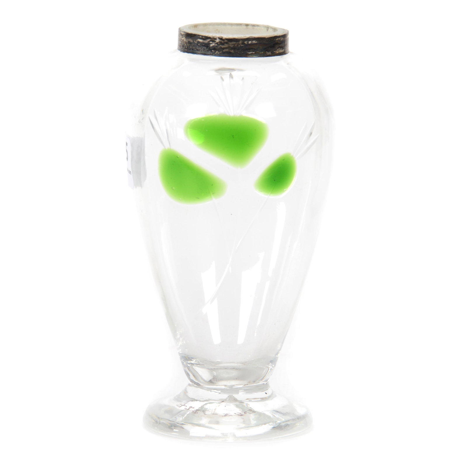 Vase, Unmarked Art Glass: Vase, Unmarked Art Glass, 5.25” x 2.5", Clear Crystal With Green Marquetry Style Floral Design With Engraved Highlights, Silver Rim, Possible Rim Polish, John Lolley Estate. Mr. Lolley Regularly Mar