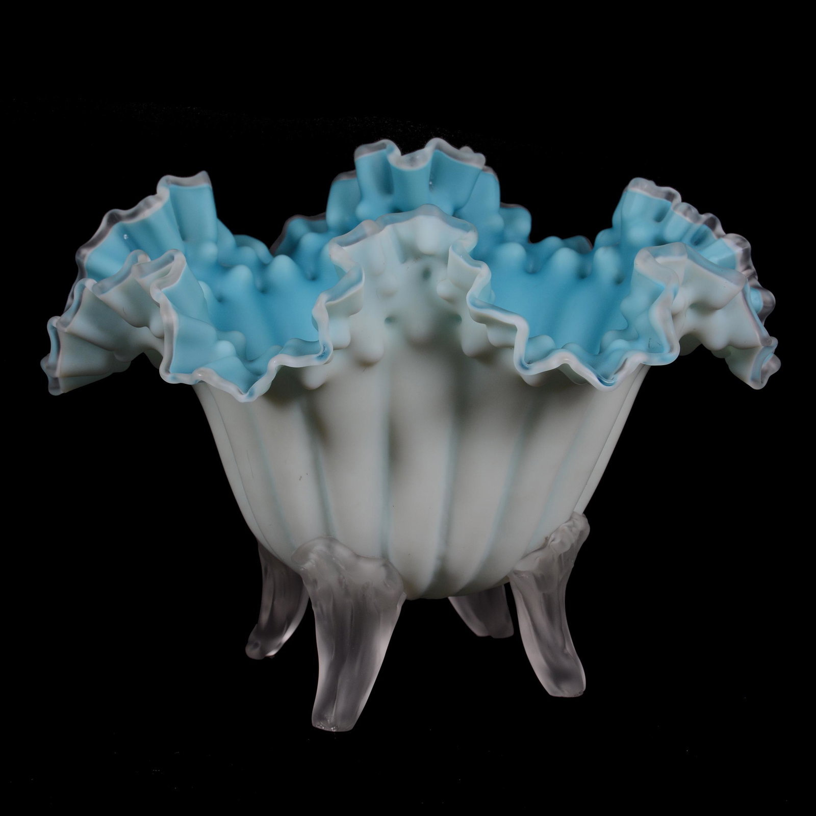 Footed Center Bowl, Cased Art Glass: Footed Center Bowl, Cased Art Glass, 7.75” x 11", Blue And White Satin, Melon Ribbed, Four Applied Frosted Glass Feet, Ruffled Rim, John Lolley Estate. Mr. Lolley Regularly Marked Items In His Colle