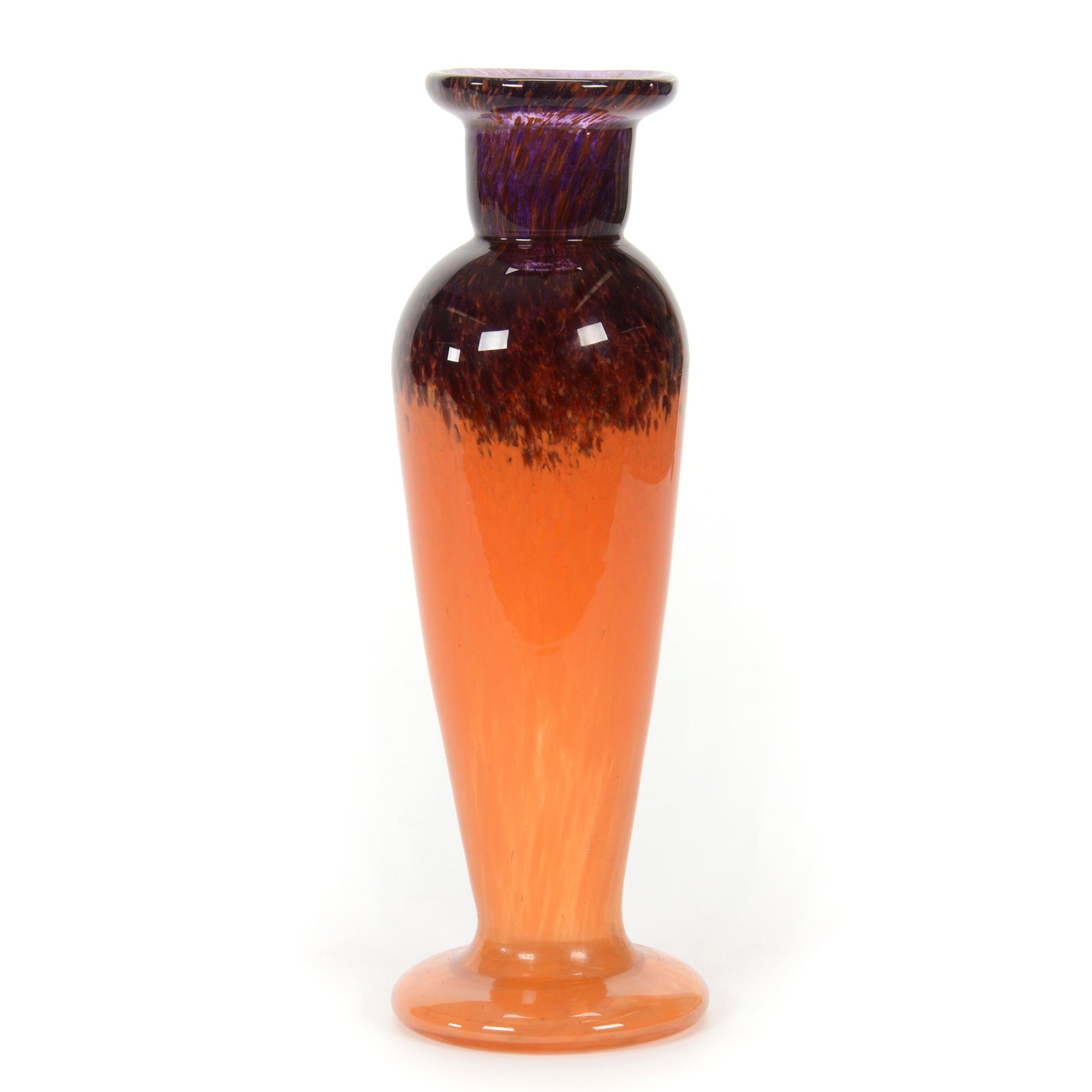 Vase, Unmarked Monart Art Glass: Vase, Unmarked Monart Art Glass, 9.75” x 3", Orange/Yellow And Amethyst Mottled Design, John Lolley Estate. Mr. Lolley Regularly Marked Items In His Collection With A Museum Quality Pen - These Mark