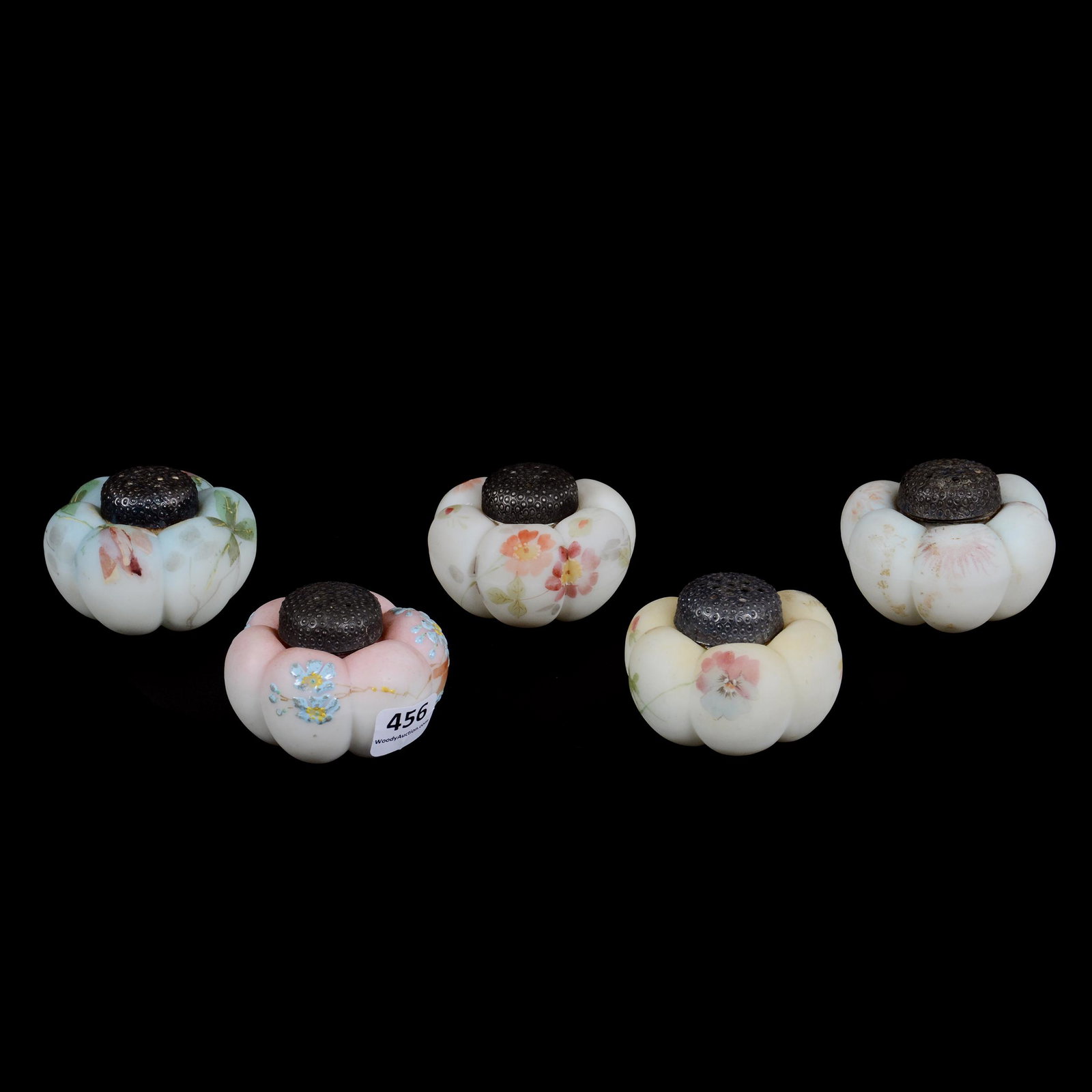 (5) Mt. Washington Art Glass Saltshakers: (5) Mt. Washington Art Glass Saltshakers, 1.75” x 2.5", Various Colors And Floral Decor, Tomato Shape, See Photos for Details, John Lolley Estate. Mr. Lolley Regularly Marked Items In His Collection