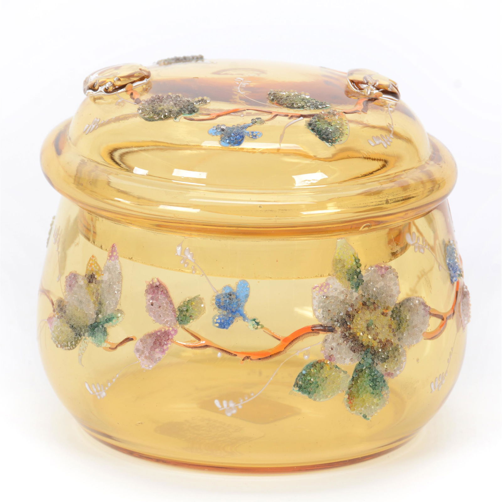 Covered Box, Amber Art Glass, Coralene Decor (1 of 3)