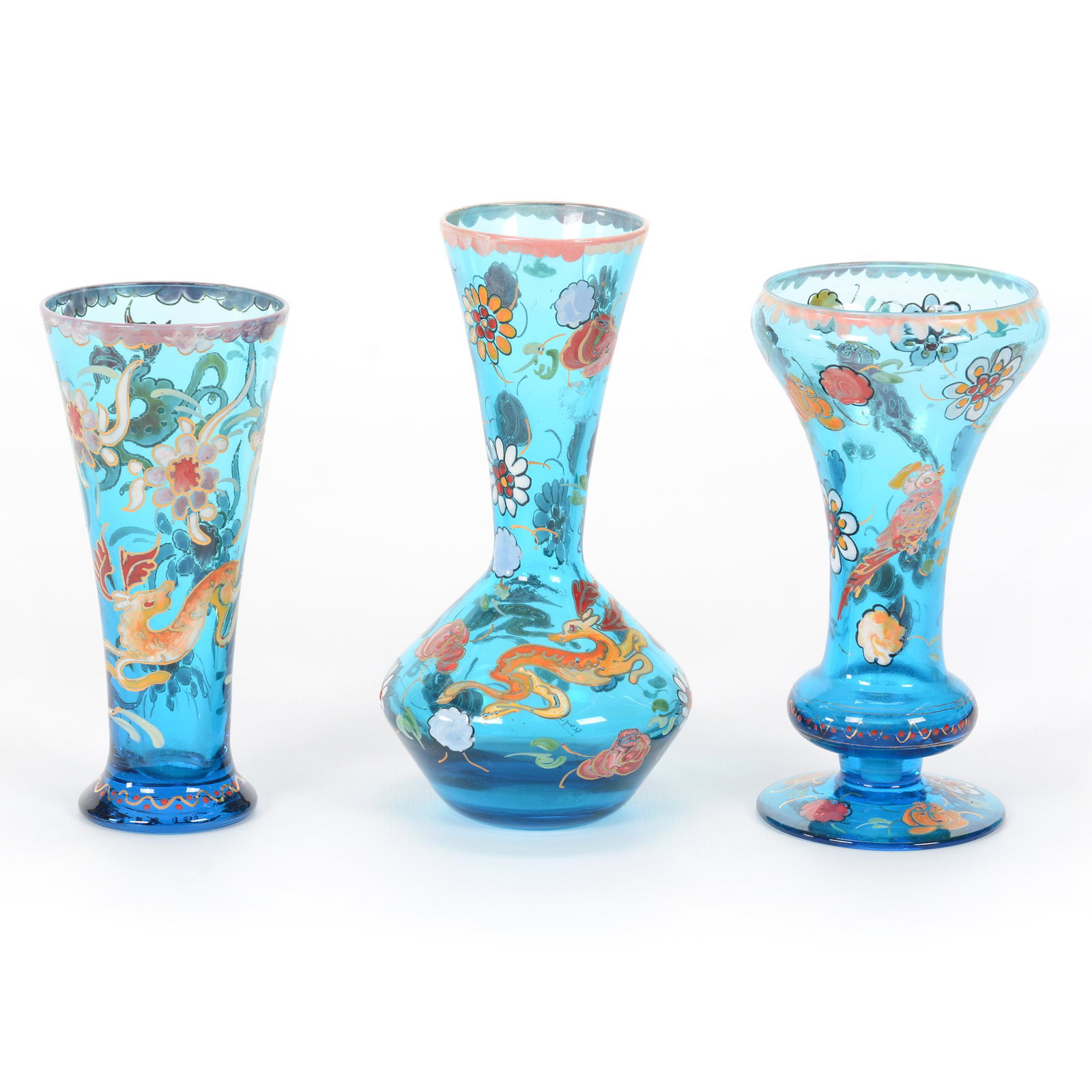 (3) Spanish Art Glass Vases, All Signed Royo: (3) Spanish Art Glass Vases, All Signed Royo, All Are Sapphire Blue, (1) 6.5", Deer And Floral Decor, (1) 5.75", Bird And Floral Decor, (1) 5.5", Deer And Floral Decor, John Lolley Estate. Mr. Lolley
