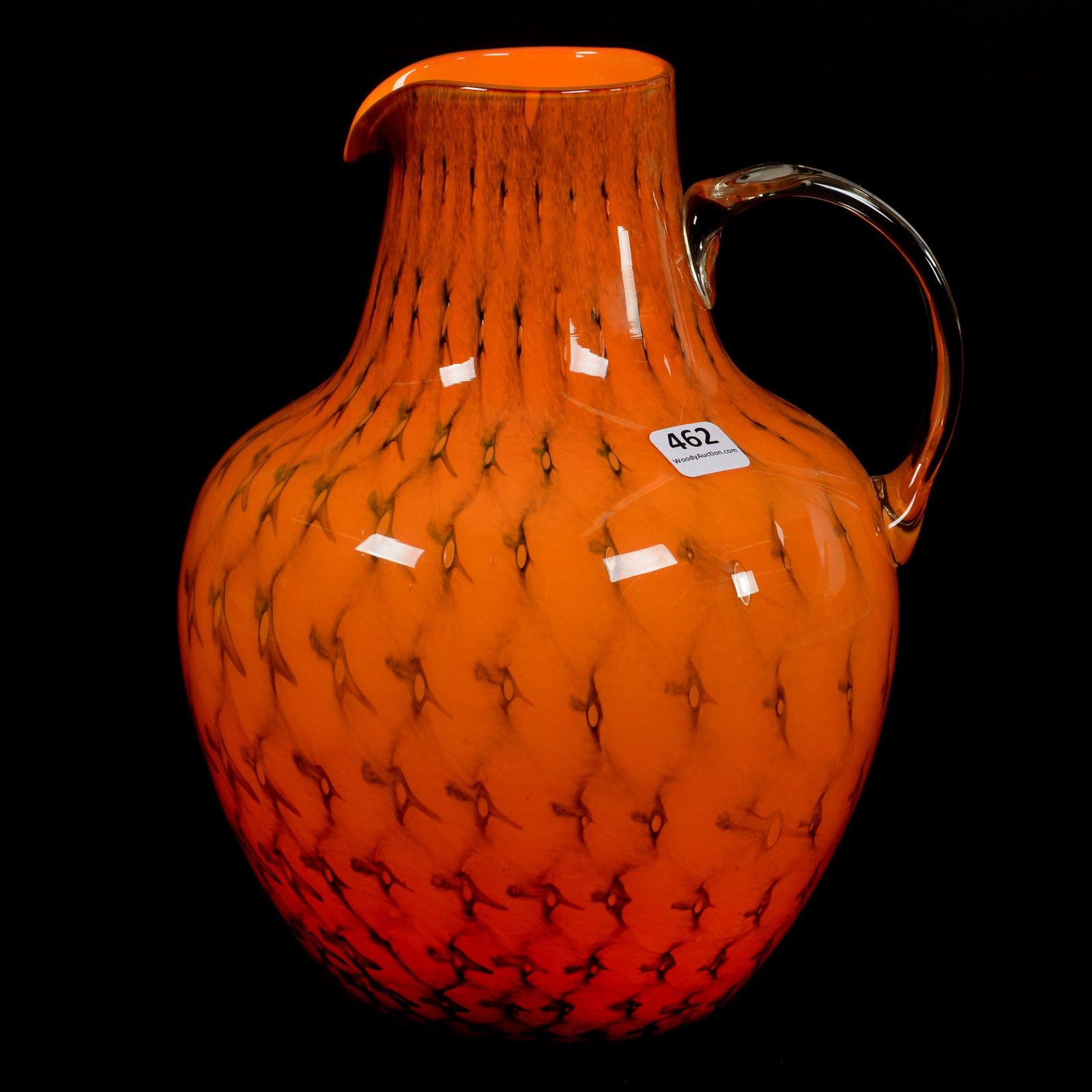 Pitcher, Cased Art Glass: Pitcher, Cased Art Glass, 9.5” x 7.5", Possibly Unmarked Czechoslovakia, Orange With Mottled Green Highlights, Clear Applied Handle, John Lolley Estate. Mr. Lolley Regularly Marked Items In His Coll