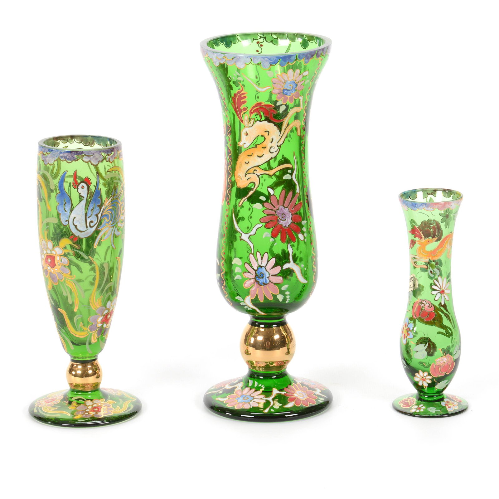 (3) Spanish Art Glass Vases, (2) Signed Royo: (3) Spanish Art Glass Vases, (2) Signed Royo, All Are Green Pedestal Vases, (1) 10.25", Deer And Floral Decor, (1) 7.75", Bird And Floral Decor, (1) 6", Deer And Floral Decor, John Lolley Estate. Mr.