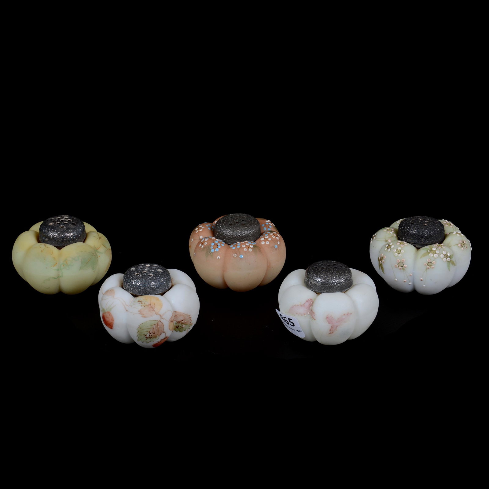 (5) Mt. Washington Art Glass Saltshakers: (5) Mt. Washington Art Glass Saltshakers, 1.75” x 2.5", Various Colors And Floral Decor, Tomato Shape, See Photos for Details, John Lolley Estate. Mr. Lolley Regularly Marked Items In His Collection