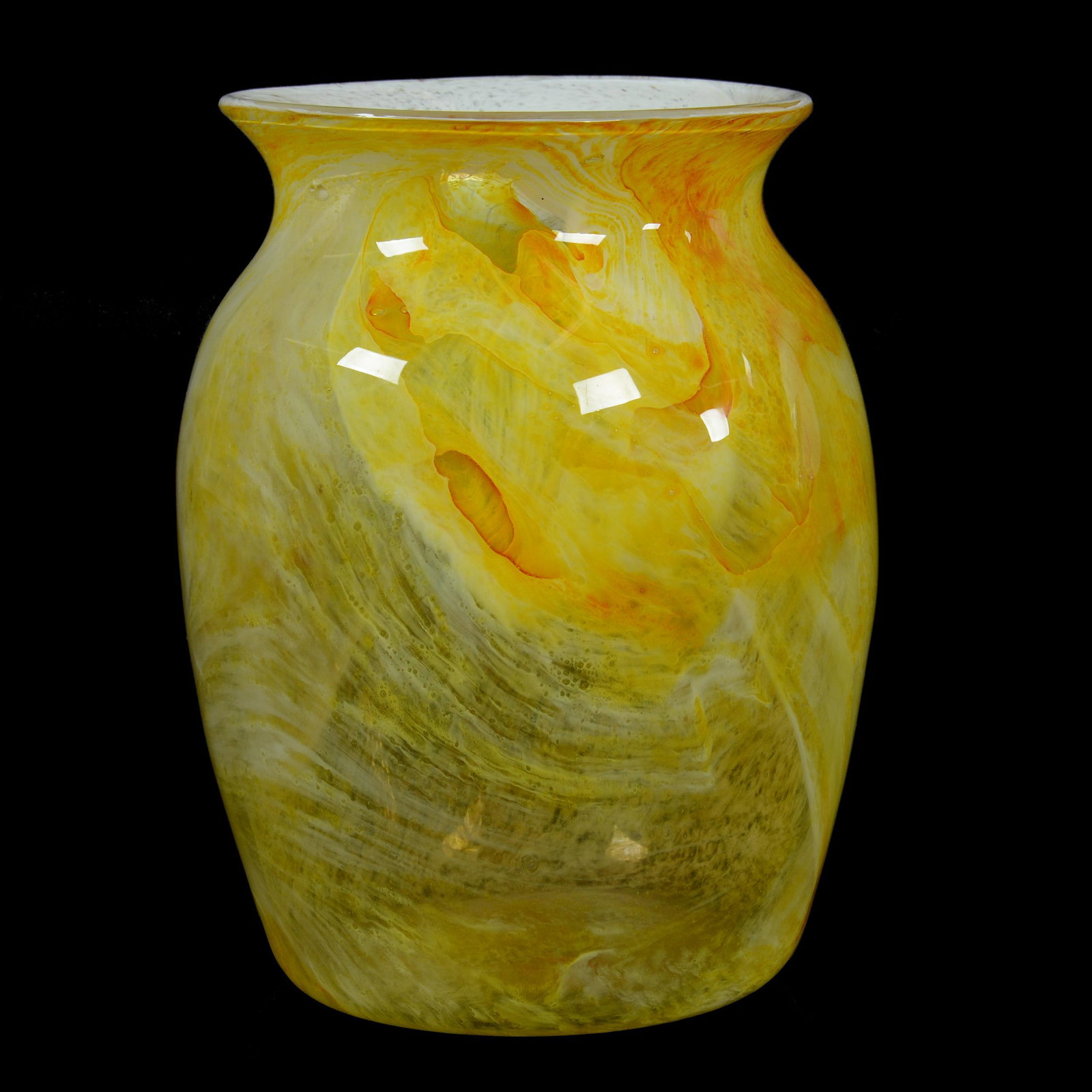 Vase Marked Gray-Stan Art Glass, Circa 1930: Vase Marked Gray-Stan Art Glass, Circa 1930, 9.5” x 6.5", Yellow And Orange Mottled Design, Polished Pontil Base, No Visible Maker's Marks, John Lolley Estate. Mr. Lolley Regularly Marked Items In H