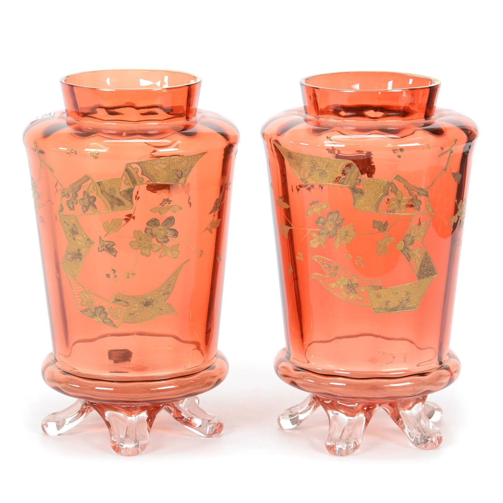 Pair Vases, Cased Decorated Tangerine Art Glass (1 of 3)