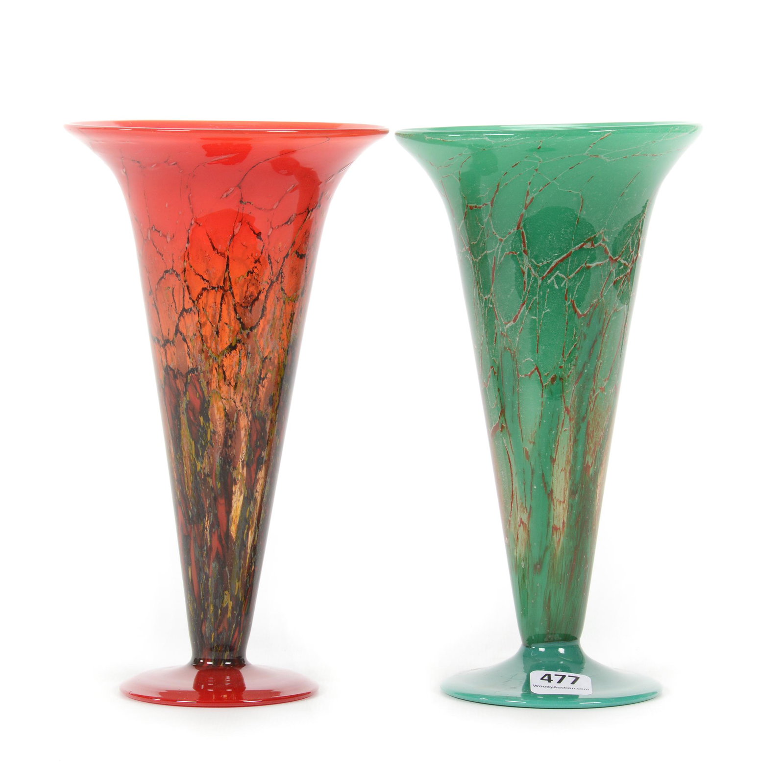 (2) Trumpet Vases, Unmarked Ysart Style Art Glass, WMF: (2) Trumpet Vases, Unmarked Ysart Style Art Glass, Attributed to WMF, 8.25” x 4.75", (1) Green Opaque Veined, (1) Red Opaque Veined, Both Are Nice Quality, John Lolley Estate. Mr. Lolley Regularly M