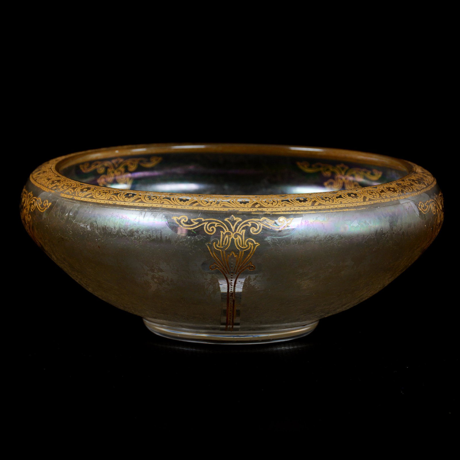 Bowl, Iridescent White Acid Cut Design Art Glass: Bowl, Iridescent White Acid Cut Design Art Glass, 2.5” x 6.25", Gold Stencil Highlights, No Maker's Mark Visible, John Lolley Estate. Mr. Lolley Regularly Marked Items In His Collection With A Museu