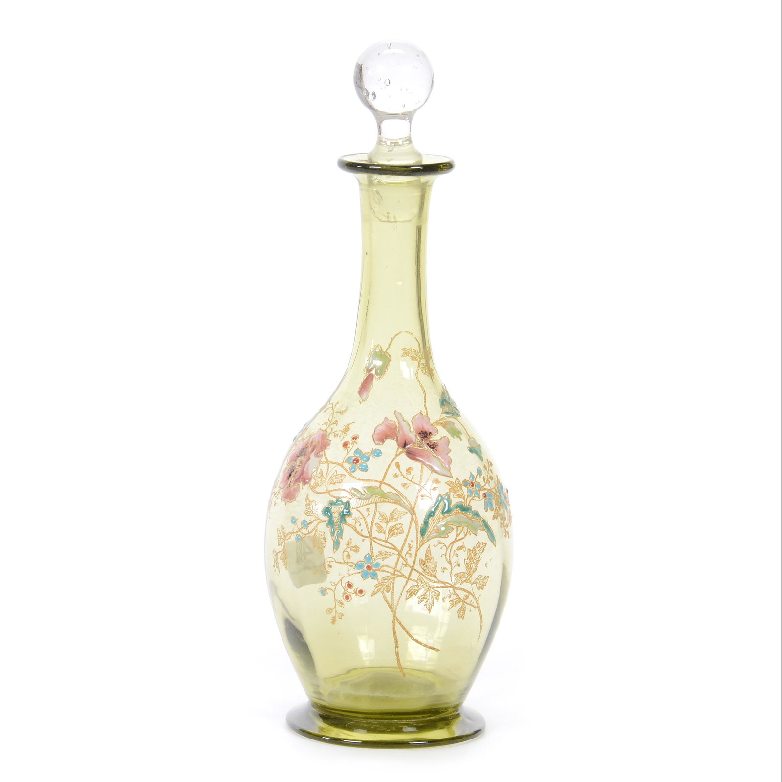 Decanter, Solid Olive-Green Art Glass: Decanter, Solid Olive-Green Art Glass, 9” x 3", Heavy Enamel Floral Decor, Attributed To Rossler, Polished Pontil Base, John Lolley Estate. Mr. Lolley Regularly Marked Items In His Collection With A