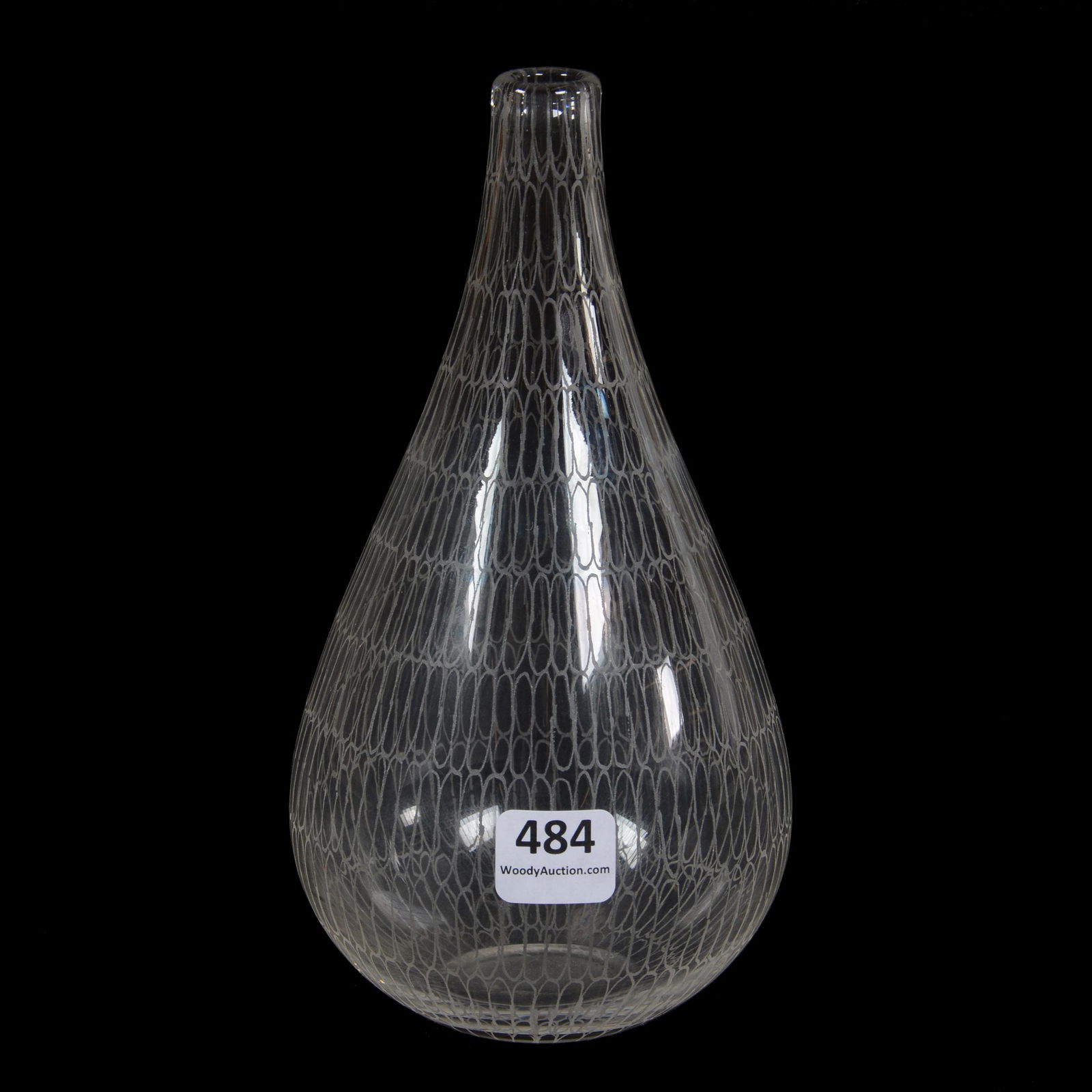 Vase, Teardrop Form Signed Orrefors Art Glass: Vase, Teardrop Form Signed Orrefors Art Glass, 7.25” x 3.75", Clear With White Netting Design, John Lolley Estate. Mr. Lolley Regularly Marked Items In His Collection With A Museum Quality Pen - The
