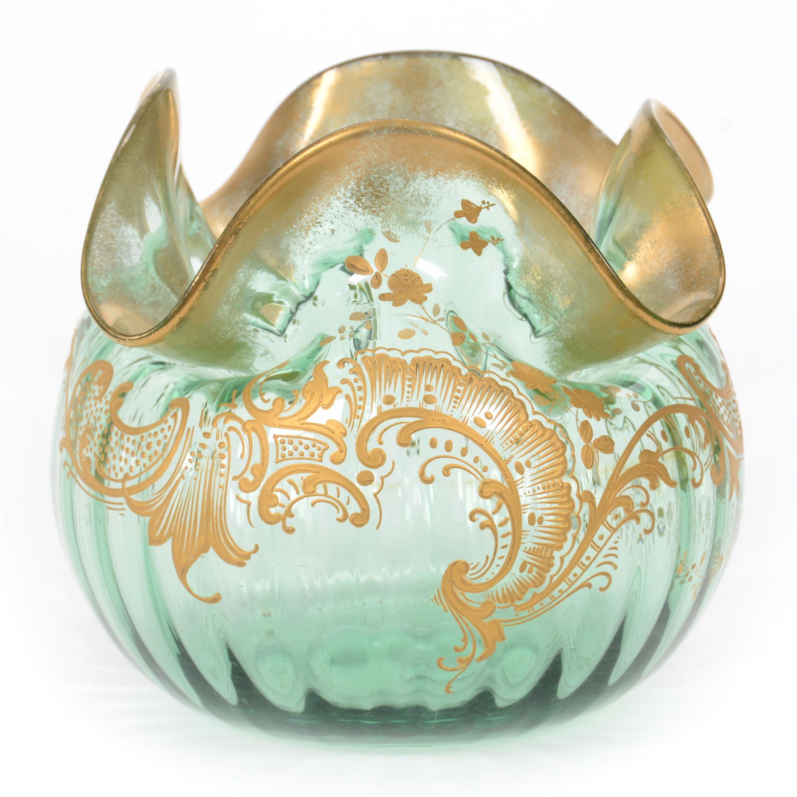 Rose Bowl, Green Optic Rib Art Glass (1 of 3)