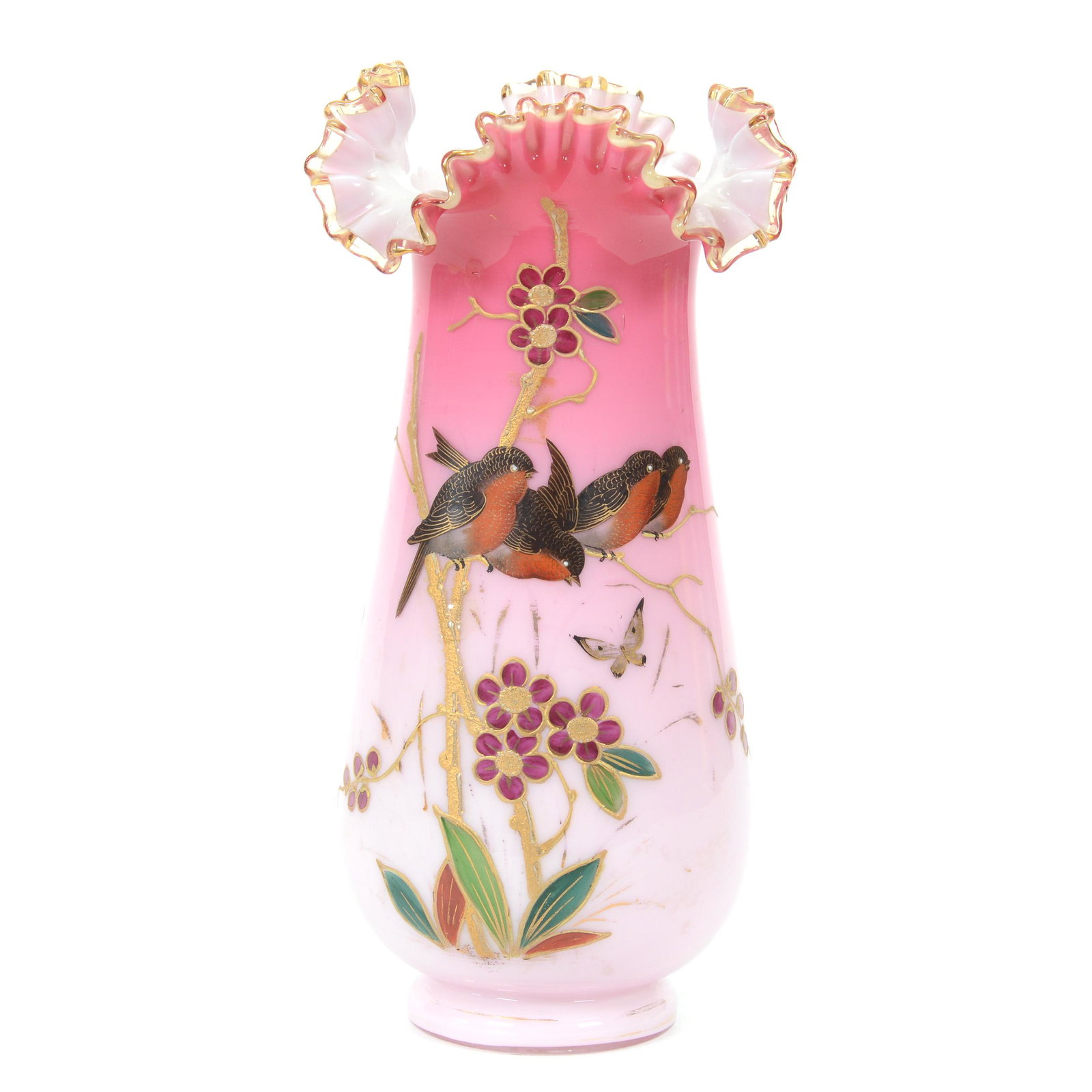 Vase, Cased Peachblow Art Glass: Vase, Cased Peachblow Art Glass, 11.25” x 6", Enamel Bird, Branch And Blossom Decor, John Lolley Estate. Mr. Lolley Regularly Marked Items In His Collection With A Museum Quality Pen - These Marking