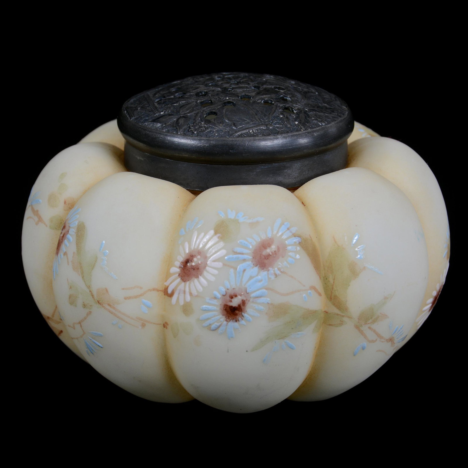 Sugar Shaker, Unmarked Mt. Washington Art Glass: Sugar Shaker, Unmarked Mt. Washington Art Glass, 2.75” x 3.75", Tomato Shape, Yellow With Enamel Daisy Decor, John Lolley Estate. Mr. Lolley Regularly Marked Items In His Collection With A Museum Qu