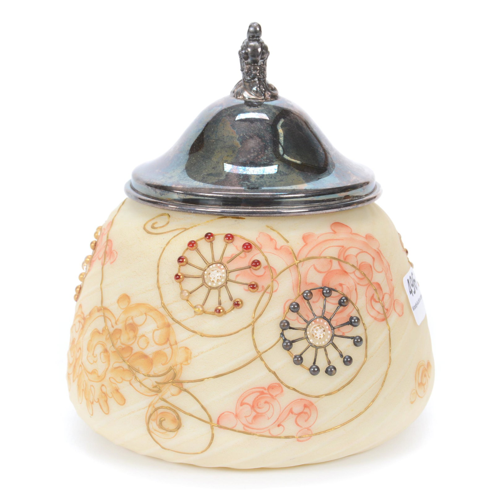 Sweetmeat Marked Crown Milano Art Glass: Sweetmeat Marked Crown Milano Art Glass, 5.5” x 5", Cream Tones With Swirl Mold, Pink And Yellow Scroll Design With Applied Jewel Highlights, Silverplate Lid Is Wrong Size, John Lolley Estate. Mr. L