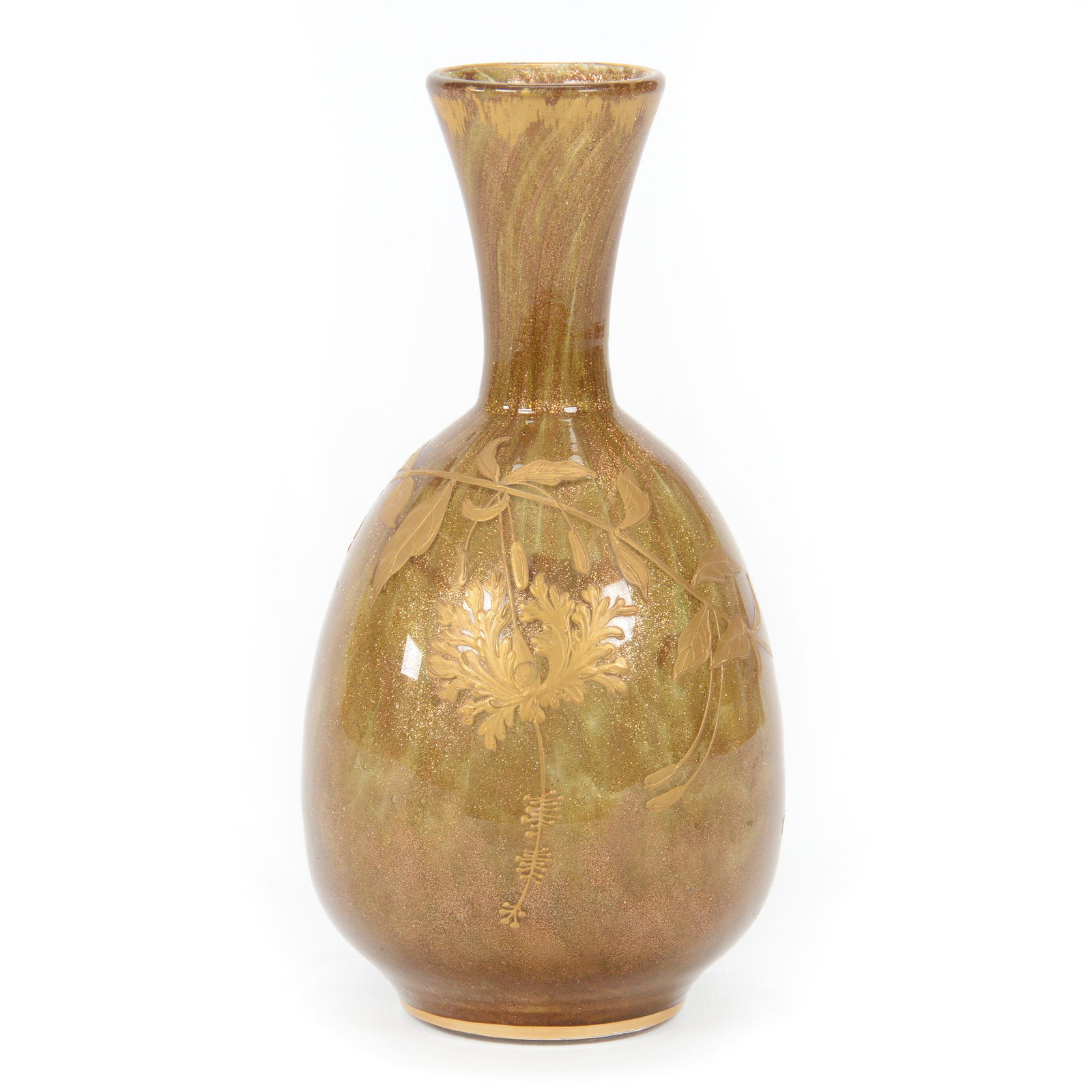 Vase, Unmarked French Art Glass, Cased: Vase, Unmarked French Art Glass, Cased, 6.25” x 3", Green With Gold Mica Highlights, Enamel Gold Floral Decor, Polished Pontil Base, John Lolley Estate. Mr. Lolley Regularly Marked Items In His Coll
