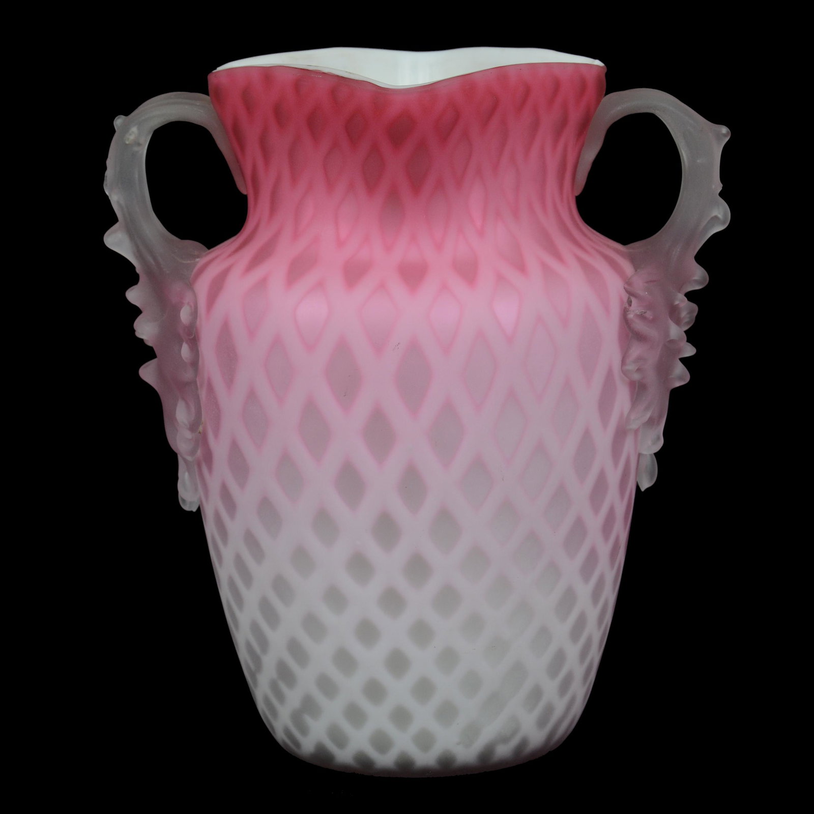 Vase, Pink Satin Diamond Quilted MOP Art Glass: Vase, Pink Satin Diamond Quilted Mother Of Pearl Art Glass, 7.25” x 6.5", Square Top, Frosted Applied Thorn Handles, Polished Pontil Base, John Lolley Estate. Mr. Lolley Regularly Marked Items In Hi