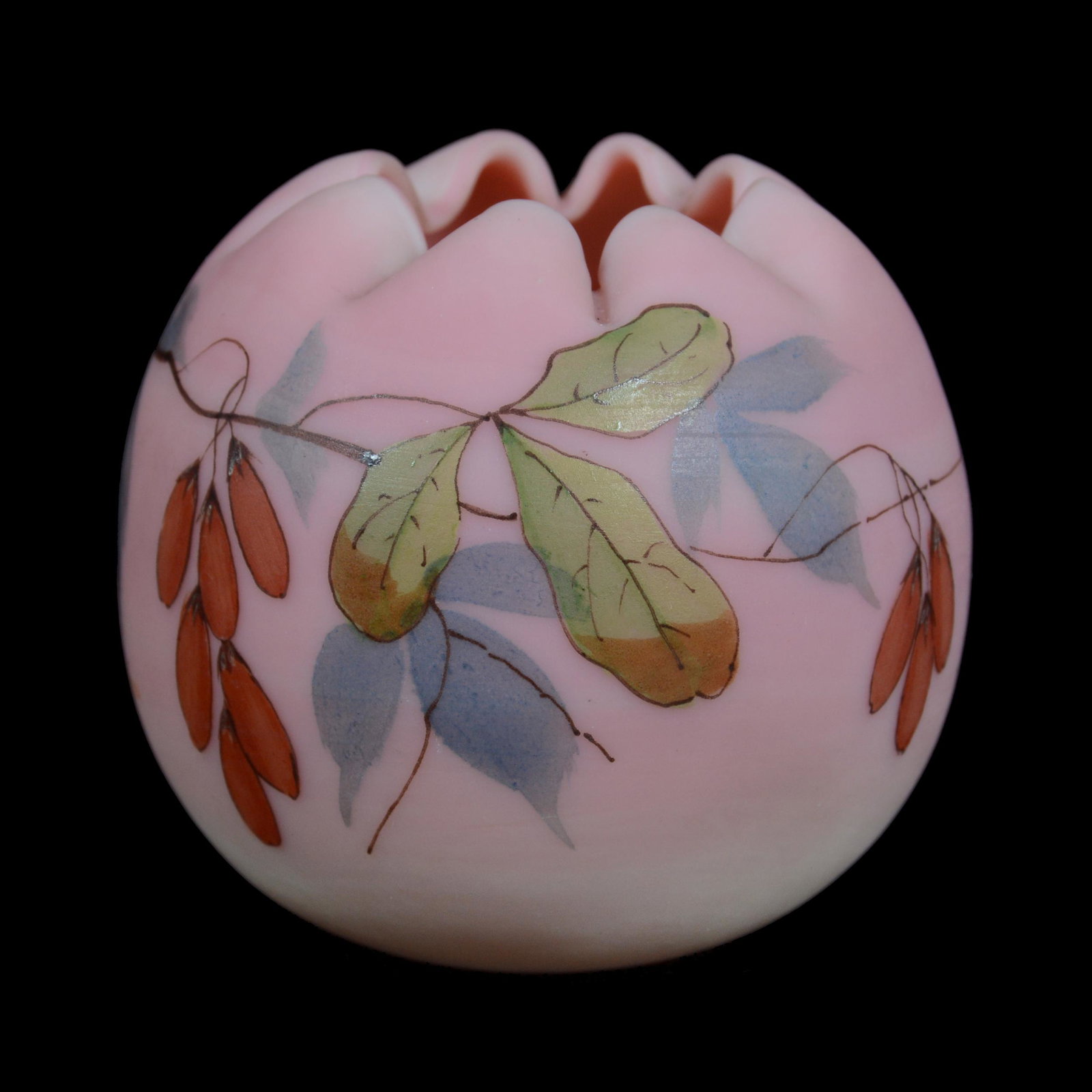 Rose Bowl, Decorated Burmese Art Glass: Rose Bowl, Decorated Burmese Art Glass, 2.25” x 2.5", Branch And Berry Decor, John Lolley Estate. Mr. Lolley Regularly Marked Items In His Collection With A Museum Quality Pen - These Markings Can B