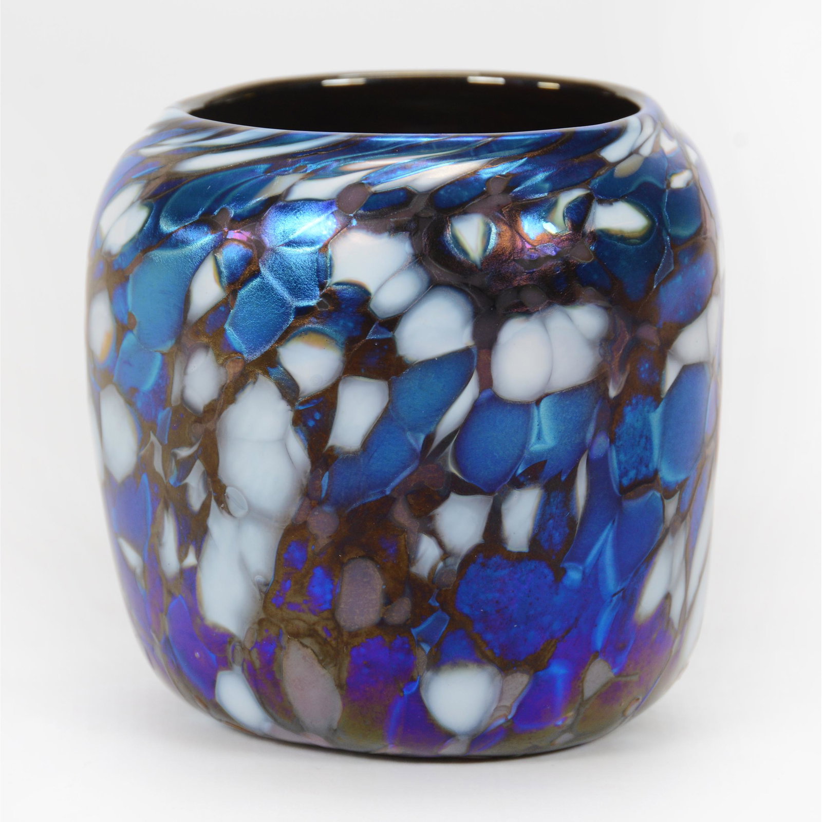 Vase, Contemporary Art Glass Signed Allison #1162: Vase, Contemporary Art Glass Signed Allison #1162, 2.5” x 2.5", Blue And White Iridescent Mottled Design, John Lolley Estate. Mr. Lolley Regularly Marked Items In His Collection With A Museum Qualit