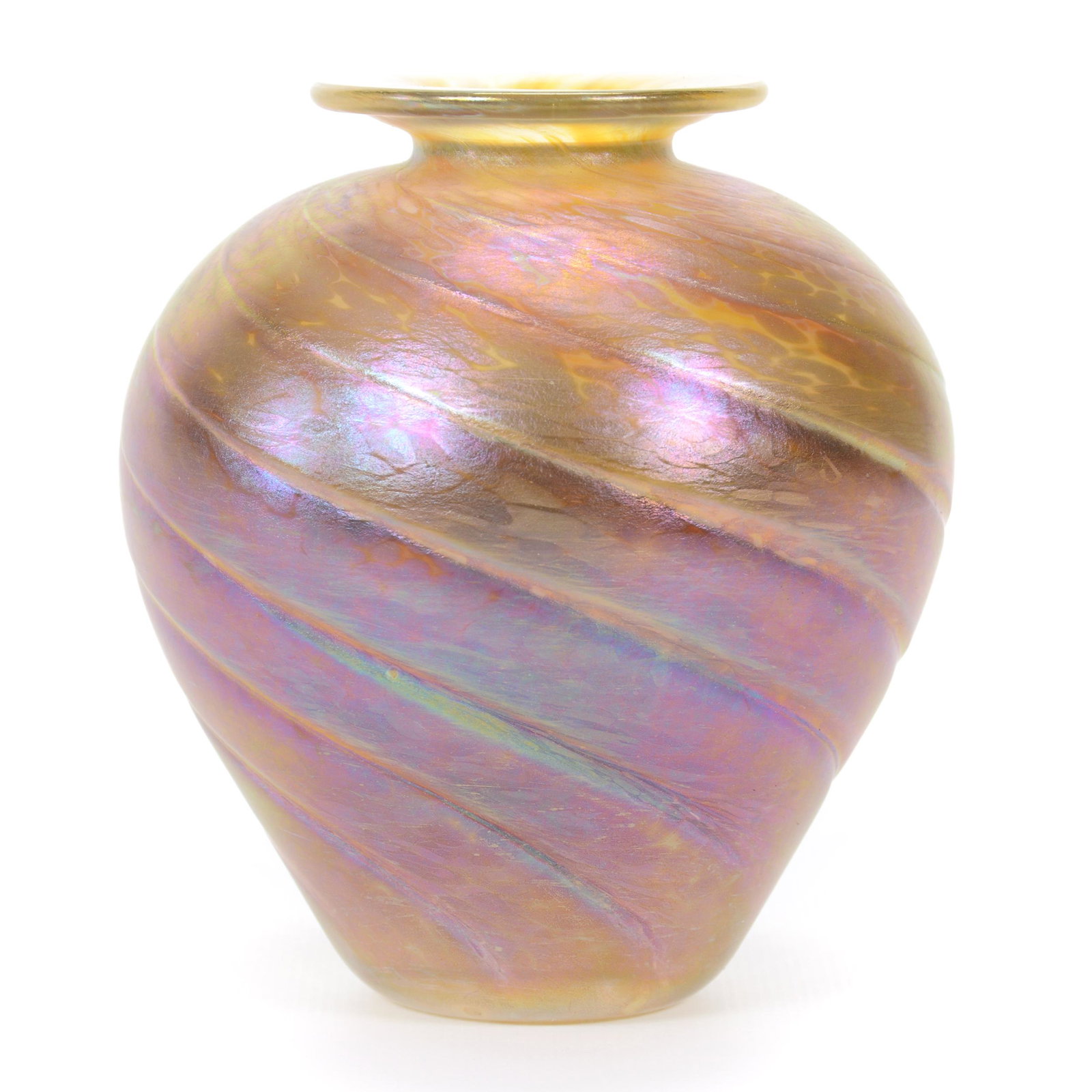 Vase, Contemporary Art Glass, Signed: Vase, Contemporary Art Glass, Signed, 4.5” x 4", Dated 1995, Gold Iridescent, Swirl Mold, Unidentified Maker's Mark, John Lolley Estate. Mr. Lolley Regularly Marked Items In His Collection With A Mu