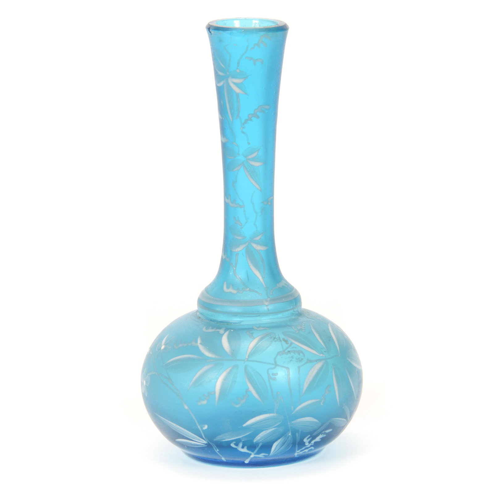 Vase, Unmarked Blue Florentine Cameo Art Glass: Vase, Unmarked Blue Florentine Cameo Art Glass, 4.75” x 2.25", Enamel Floral Decor, Minor Edge Nicks, John Lolley Estate. Mr. Lolley Regularly Marked Items In His Collection With A Museum Quality Pe