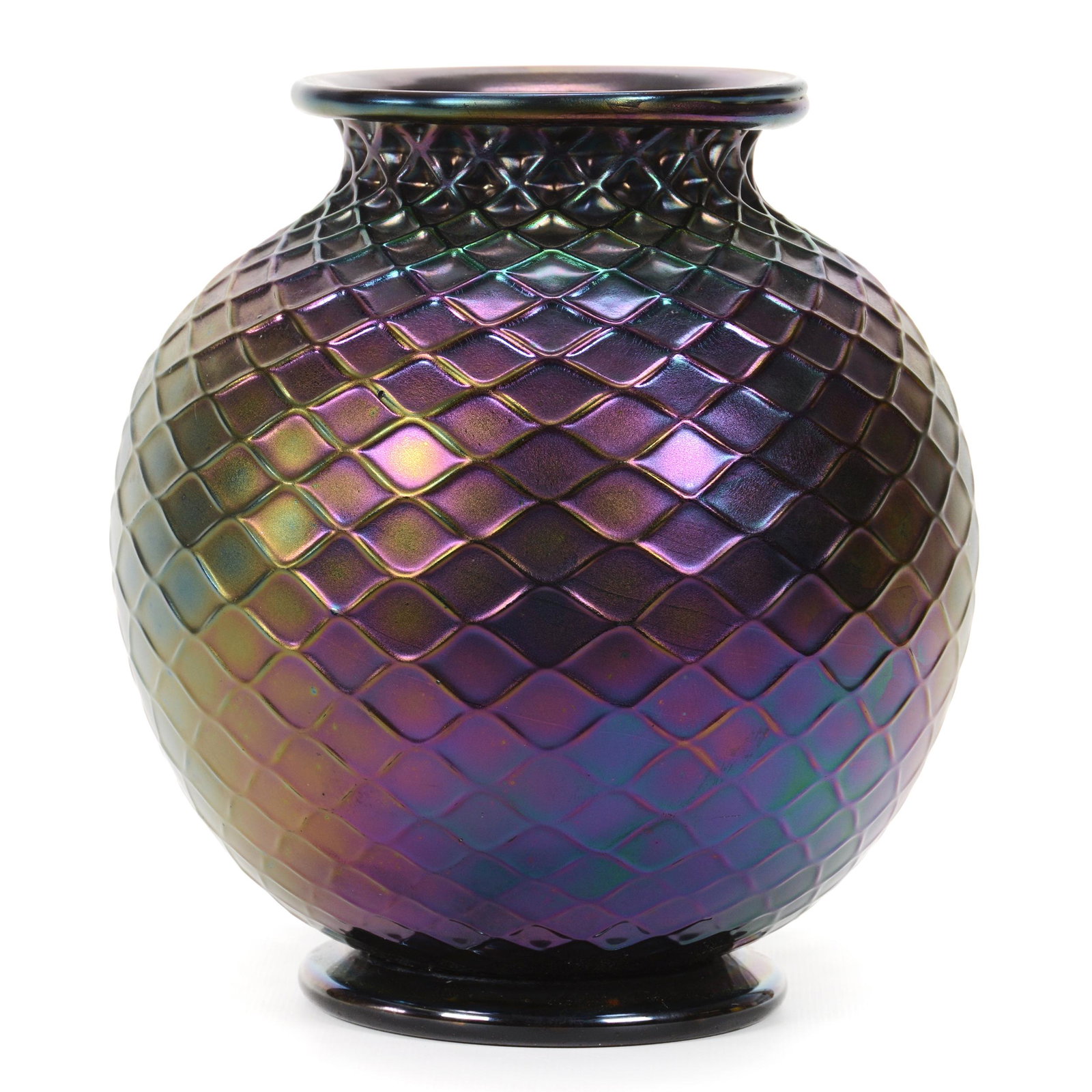 Vase, Contemporary Art Glass: Vase, Contemporary Art Glass, 8.25” x 7", Iridized Black Amethyst With Cut Velvet Diamond Quilted Design, No Maker's Marks Visible, John Lolley Estate. Mr. Lolley Regularly Marked Items In His Colle
