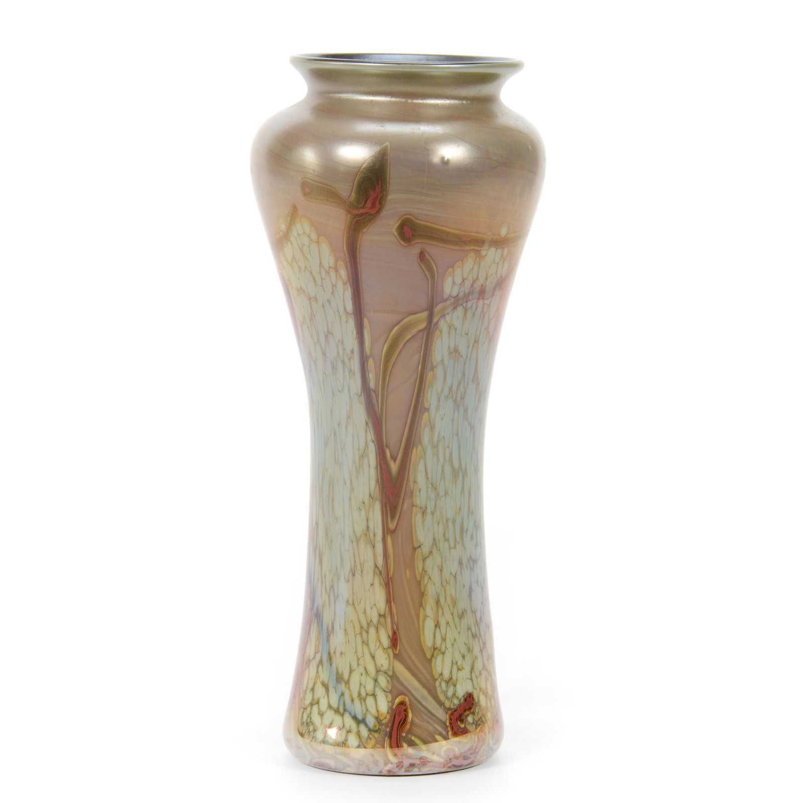 Vase, Contemporary Art Glass Signed Carlson: Vase, Contemporary Art Glass Signed Carlson, 8.75” x 3.5", Gold Iridescent With Silver, Red And White Design Highlights, John Lolley Estate. Mr. Lolley Regularly Marked Items In His Collection With