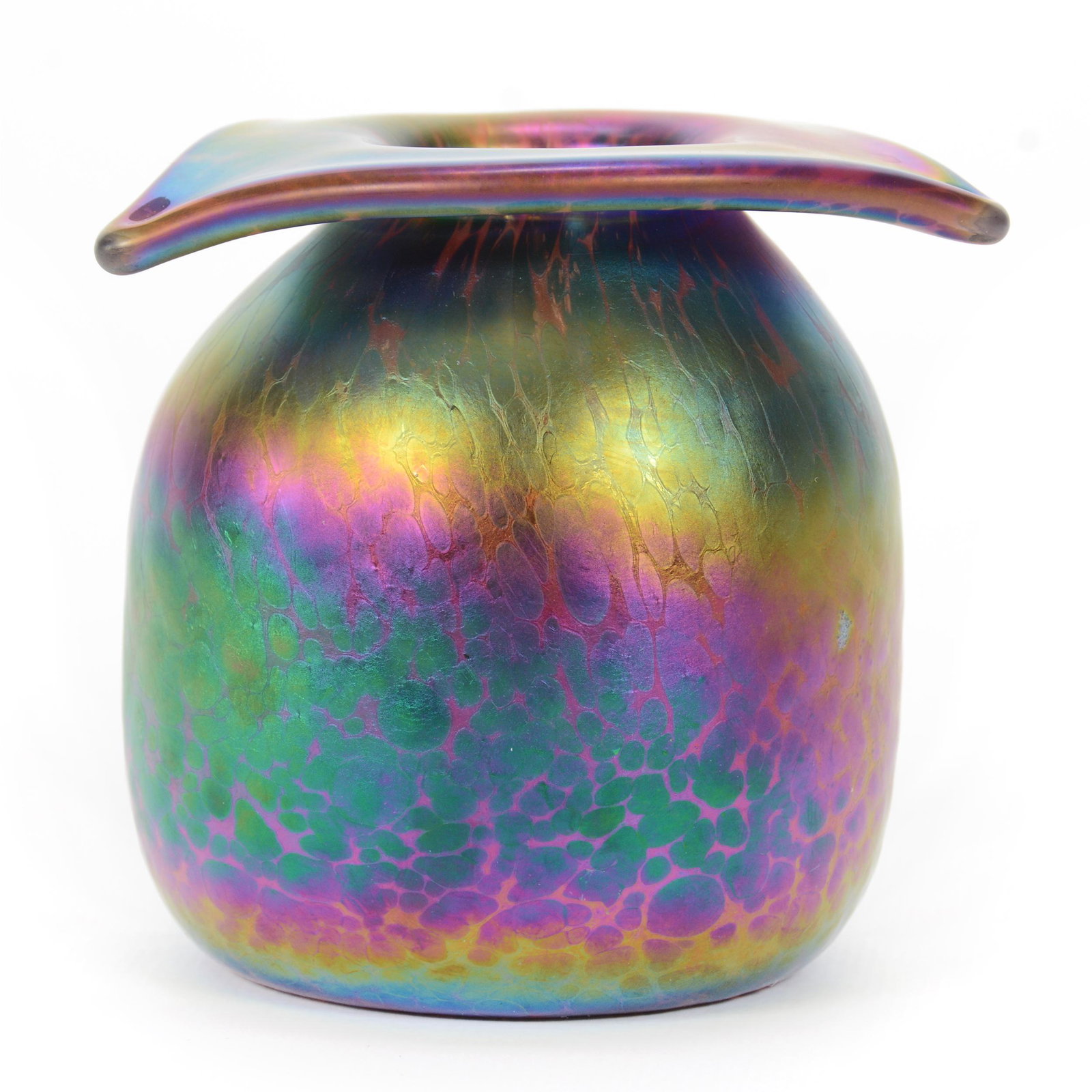 Vase, Contemporary Art Glass, Signed: Vase, Contemporary Art Glass, Signed, 3.75” x 3.25", Highly Iridescent Green And Purple, Tri-Corner Top, Dated 1993, Signed But Unable To Decipher Mark, John Lolley Estate. Mr. Lolley Regularly Mark