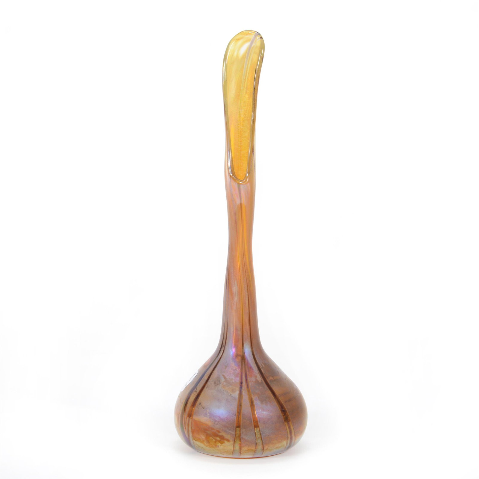 Vase, Contemporary Art Glass, Unmarked: Vase, Contemporary Art Glass, Unmarked, 10.75” x 3.25", Gold Iridescent With Silver And Amethyst Highlights, No Visible Maker's Marks, John Lolley Estate. Mr. Lolley Regularly Marked Items In His Co