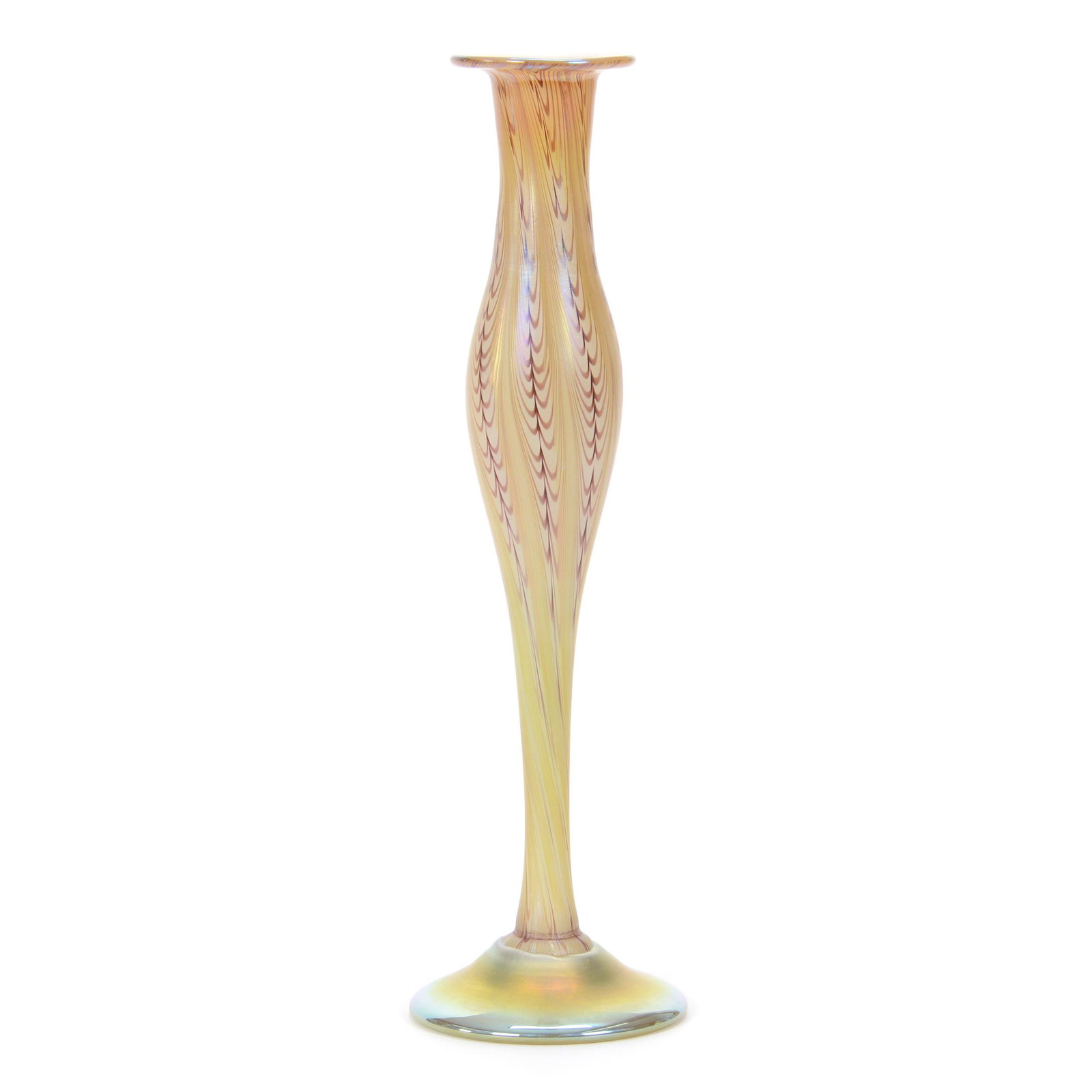 Vase, Contemporary Art Glass, Unmarked: Vase, Contemporary Art Glass, Unmarked, 11” x 325", Green, White And Amethyst Pulled Feather Design, Fake Tiffany Mark, John Lolley Estate. Mr. Lolley Regularly Marked Items In His Collection With A