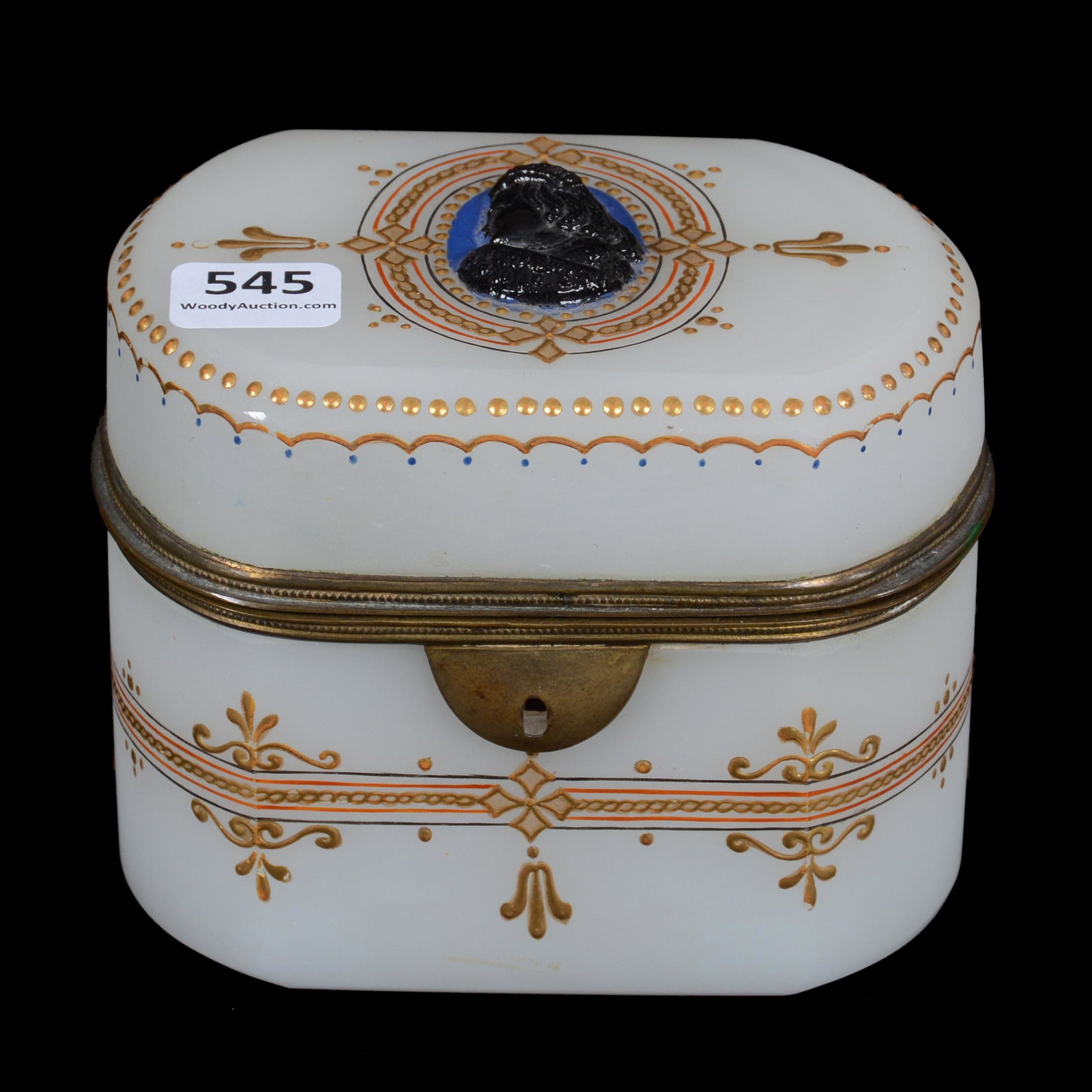 Jewel Casket, French Opaline Art Glass: Jewel Casket, French Opaline Art Glass, 4” x 4.5", Carved Ebony Bust, Gold Enamel Highlights, John Lolley Estate. Mr. Lolley Regularly Marked Items In His Collection With A Museum Quality Pen - Thes
