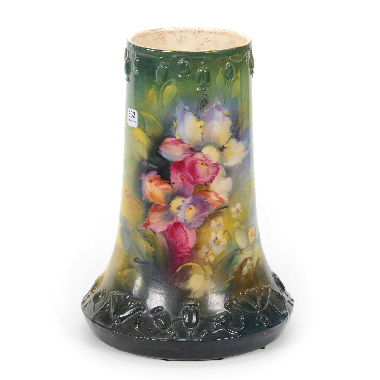 Vase Marked Royal Bonn: Vase Marked Royal Bonn, 12.25” x 8.5", Embossed Poppy Mold With Green And Yellow Tones Featuring Colorful Floral Decor, John Lolley Estate. Mr. Lolley Regularly Marked Items In His Collection With A