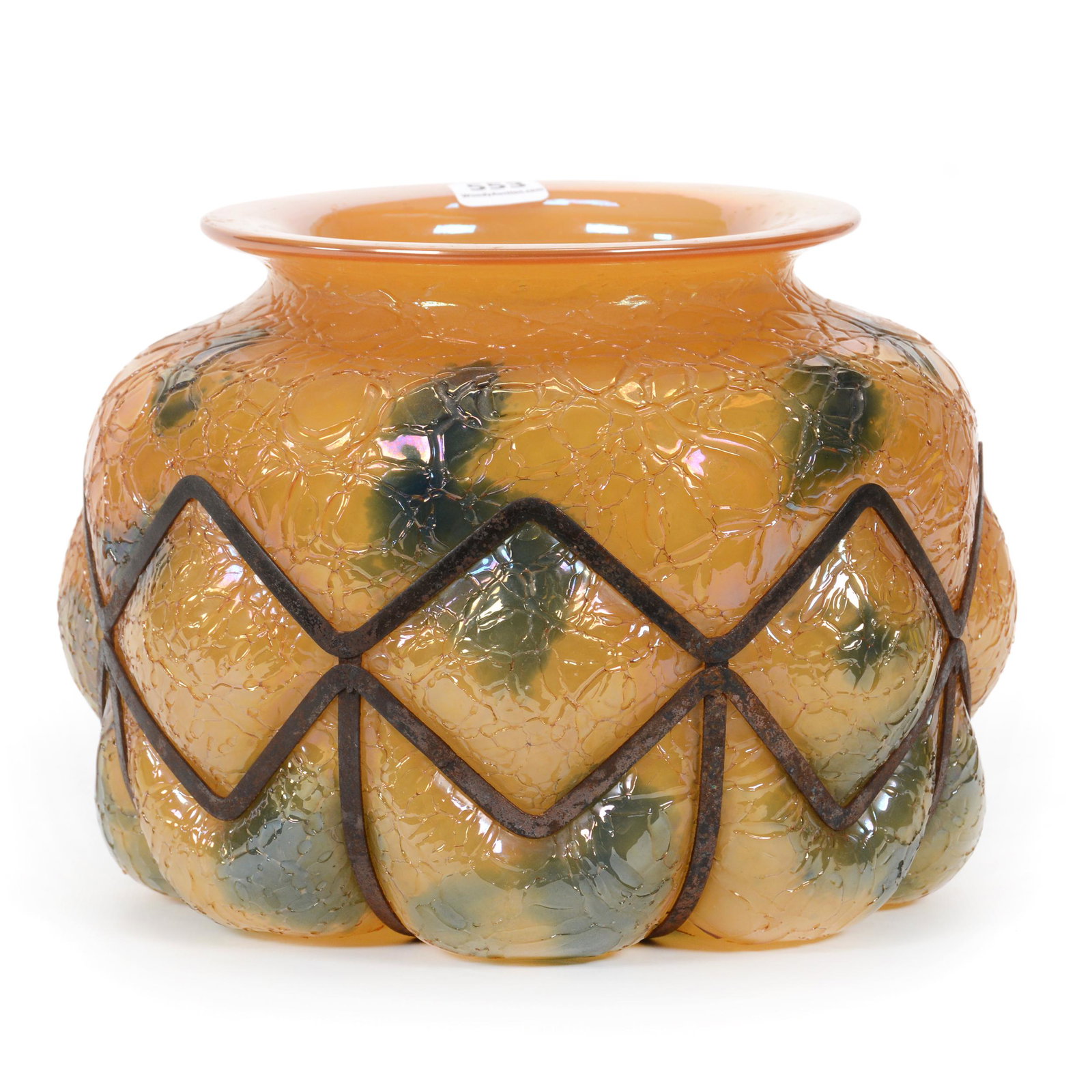 Vase, Cased Butterscotch And Green Mottled Design: Vase, Cased Butterscotch And Green Mottled Design, 6.25” x 8", Mold Blown In Metal Decorative Frame, No Visible Maker's Mark, Textured Exterior, John Lolley Estate. Mr. Lolley Regularly Marked Items