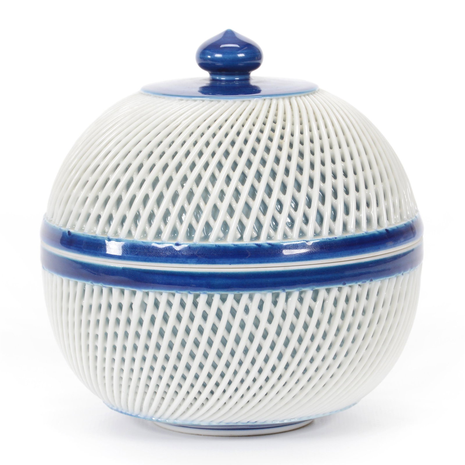 Covered Box, Japanese, Artist Marked, Blue & White: Covered Box, Japanese, Artist Marked, Blue & White, 5.5” x 5.5", Textured Lattice Design, John Lolley Estate. Mr. Lolley Regularly Marked Items In His Collection With A Museum Quality Pen - These Ma