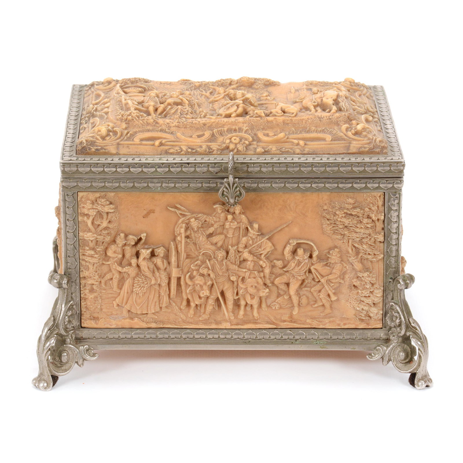 Jewel Casket, Elaborate Carved Paste Panels: Jewel Casket, Elaborate Carved Paste Panels, 5.25” x 8", Panels Feature Classic Scenes Of Merriment, Silverplate Fittings, Original Silk Lining, Old Hairline In One Corner Of Lid, One Small Surface