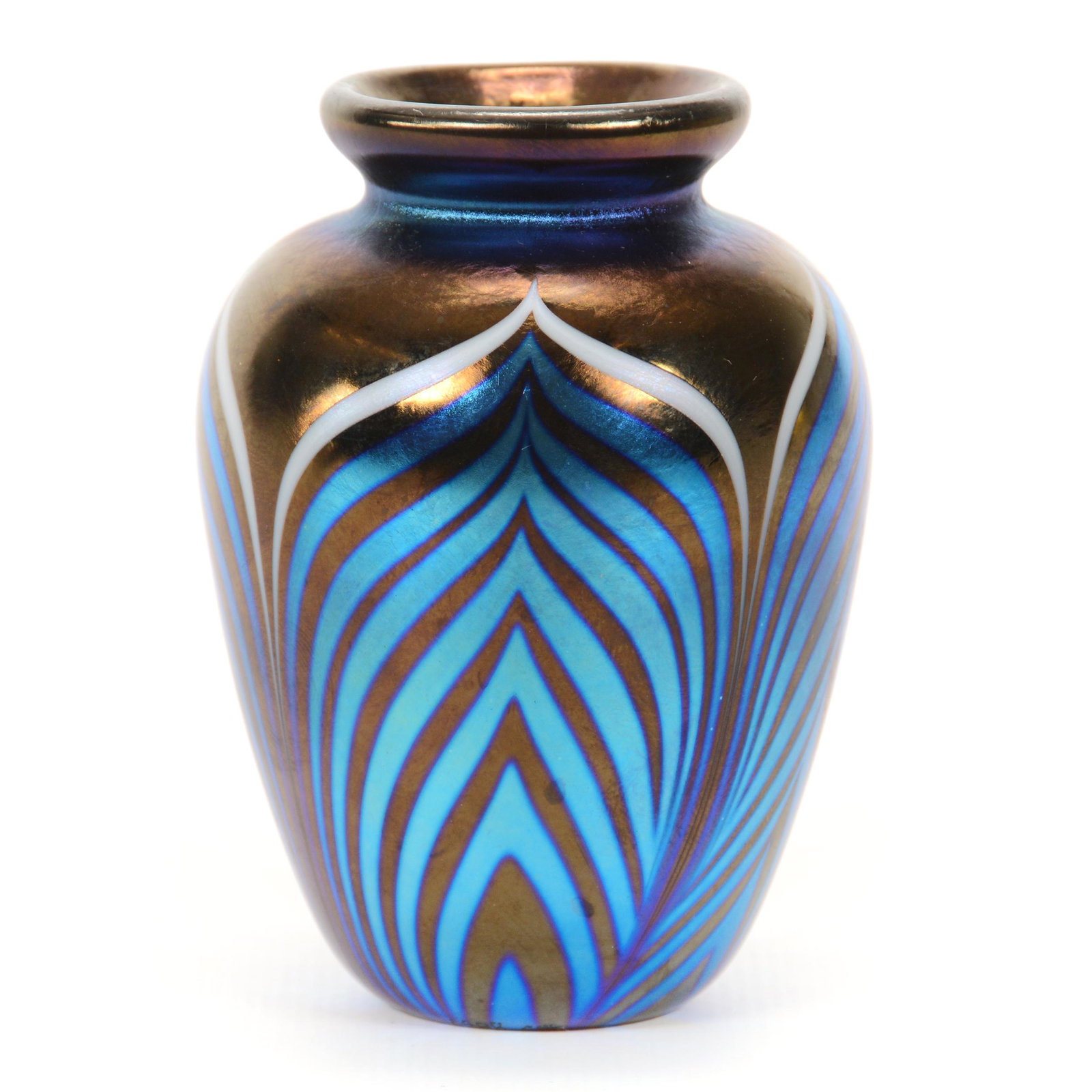 Vase, Contemporary Art Glass Signed Richardson: Vase, Contemporary Art Glass Signed Richardson, 3.25” x 2.25", Dated 1988, Blue, Amethyst And White Pulled Feather Design, John Lolley Estate. Mr. Lolley Regularly Marked Items In His Collection Wit