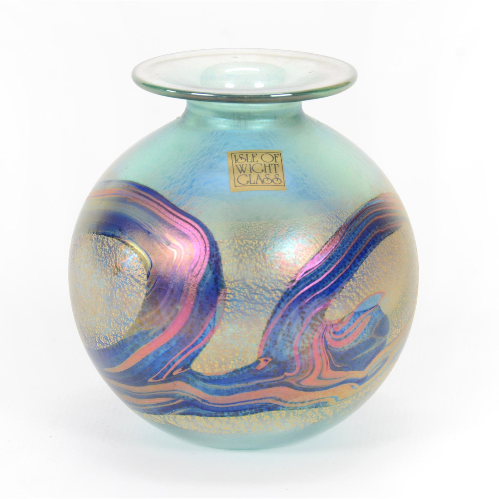 Vase, Contemporary Art Glass, Unmarked: Vase, Contemporary Art Glass, Unmarked, 3.25” x 3", Iridescent Green With Blue, Red And Gold Mottled Design, Original Paper Label "Isle Of Wight", John Lolley Estate. Mr. Lolley Regularly Marked Ite