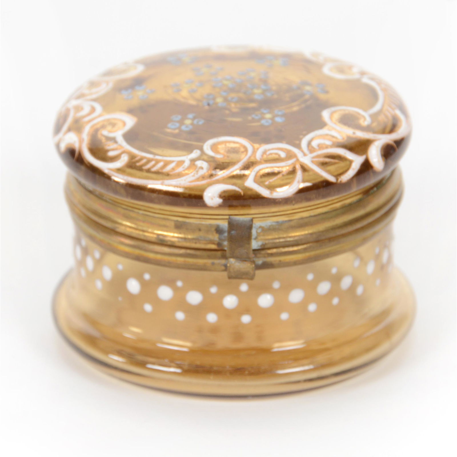 Pill Box, Amber Art Glass, Decorated Moser Style (1 of 3)