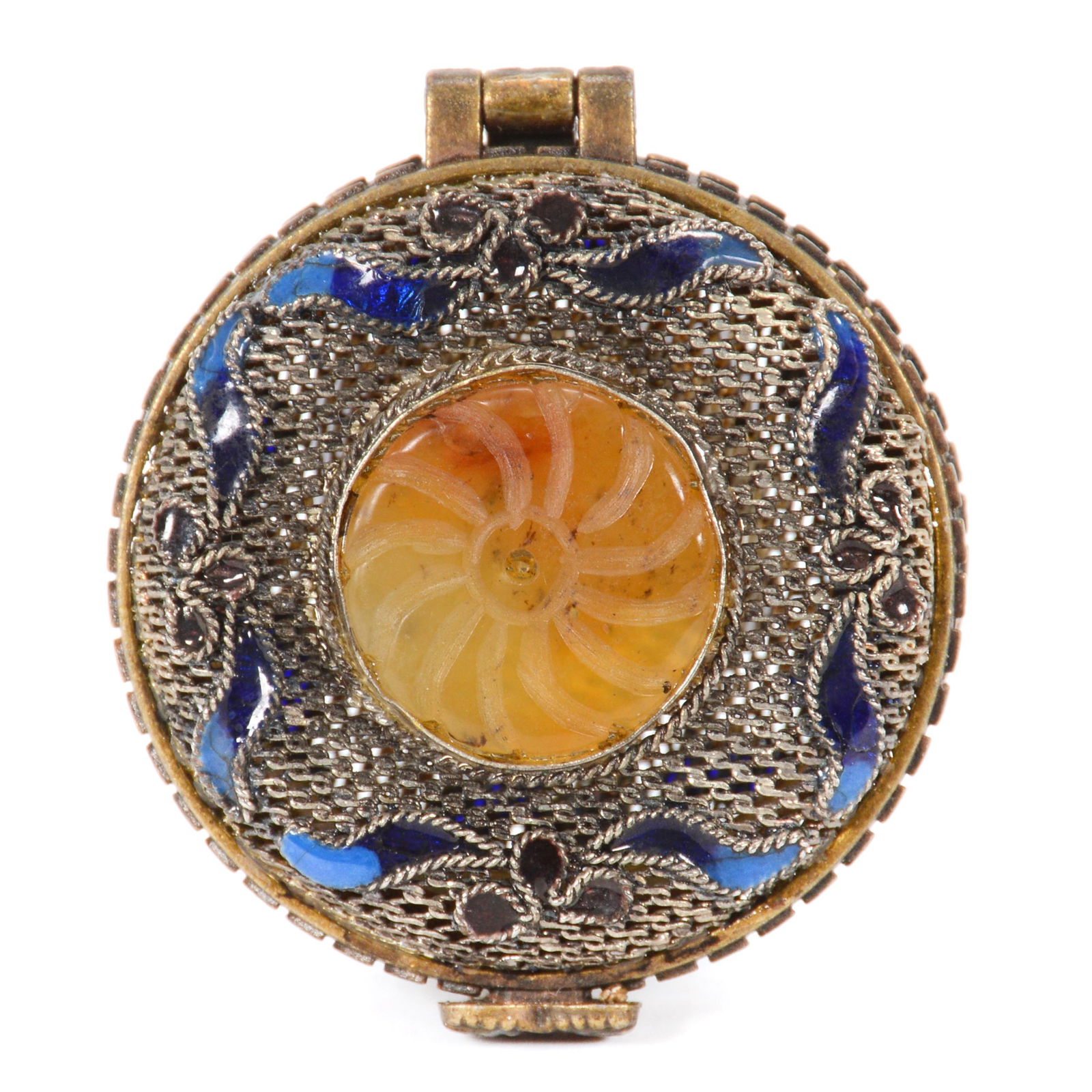 Pill Box, Silver Mesh Hinged, Carved Stone Medallion (1 of 4)