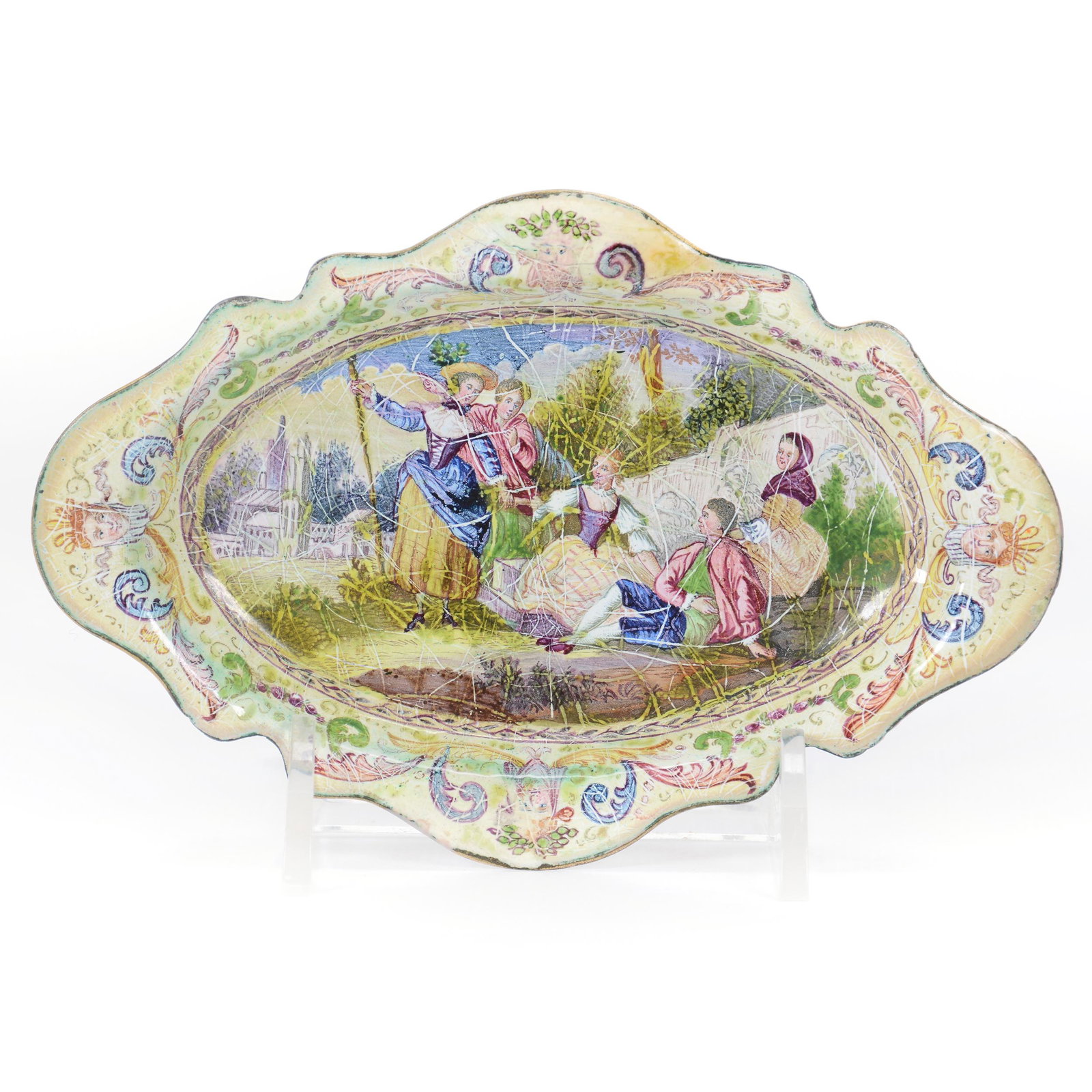 Tray, French Enamel: Tray, French Enamel, 5.25” x 3.5", Classic Scene With Reversed Scenic Image On Back Side, John Lolley Estate. Mr. Lolley Regularly Marked Items In His Collection With A Museum Quality Pen - These Ma