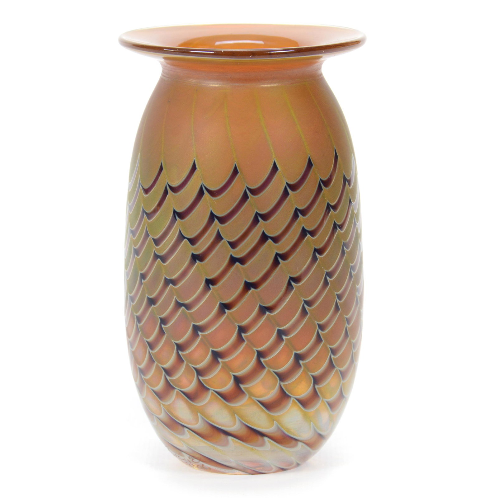 Vase, Contemporary Art Glass, Artist Signed: Vase, Contemporary Art Glass, Artist Signed, 4.75” x 2.5", Carmel And Amethyst Wave Design, Unidentified Maker's Mark, John Lolley Estate. Mr. Lolley Regularly Marked Items In His Collection With A