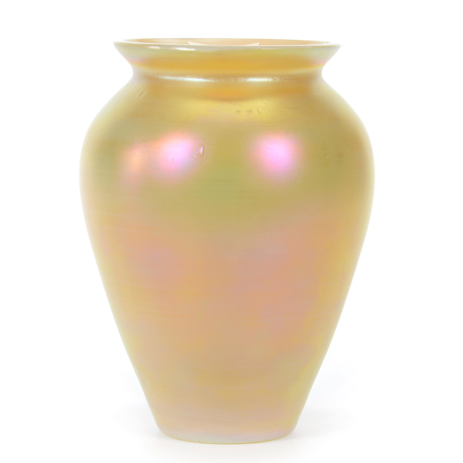Vase, Unmarked Art Glass: Vase, Unmarked Art Glass, 8” x 5.5", Golden Opalescent, Professional Rim Touch-Up, No Identifying Maker's Marks, John Lolley Estate. Mr. Lolley Regularly Marked Items In His Collection With A Museum